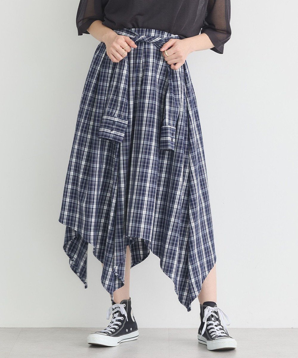 【アースミュージックアンドエコロジー/earth music&ecology】のイレヘムチェックシャツスカート インテリア・キッズ・メンズ・レディースファッション・服の通販 founy(ファニー) 　ファッション　Fashion　レディースファッション　Fashion for Women　スカート　Skirts　おすすめ　Recommended / Our Picks　アシンメトリー　Asymmetrical Style　イレギュラーヘム　Irregular Hem　カットソー　Cut and Sewn Top　シンプル　Simple, Minimal　チェック　Check, Plaid, Tartan　ポケット　Pocket, Pocket Detail　リボン　Ribbon, Bow　A/W・秋冬　Autumn/Winter　Navy|ID: prp329100004842638 ipo3291000000035815002