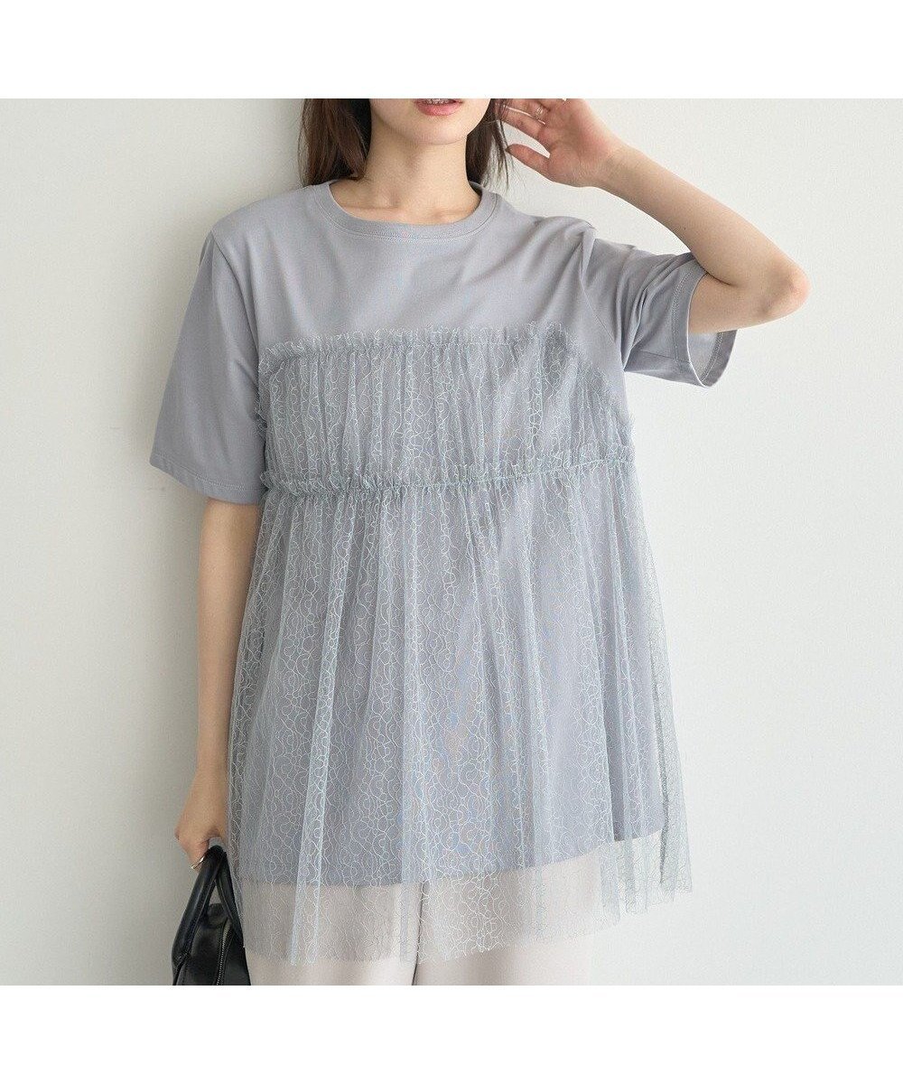 【アースミュージックアンドエコロジー/earth music&ecology】のニュアンス柄レースドッキングプルオーバー インテリア・キッズ・メンズ・レディースファッション・服の通販 founy(ファニー) 　ファッション　Fashion　レディースファッション　Fashion for Women　トップス・カットソー　Cut & Sew Tops　シャツ・ブラウス・オフィスカジュアル　Elegant Blouses & Button-Ups　ロングTシャツ・Tシャツ　Longline T-Shirts & Tees　カジュアルプルオーバー・ニットトップス　Pullovers & Knit Tops / Casual Pullovers　カットソー・ベーシックTシャツ　Cut-and-Sewn Tops / Stretch Tees & Basics　おすすめ　Recommended / Our Picks　カットソー　Cut and Sewn Top　ドッキング　Docking, Mixed Material　フェミニン　Feminine, Girly　ボトム　Bottoms, Lower Wear　ポケット　Pocket, Pocket Detail　レース　Lace, Lace Fabric　A/W・秋冬　Autumn/Winter　Grayish Blue|ID: prp329100004842831 ipo3291000000036250643