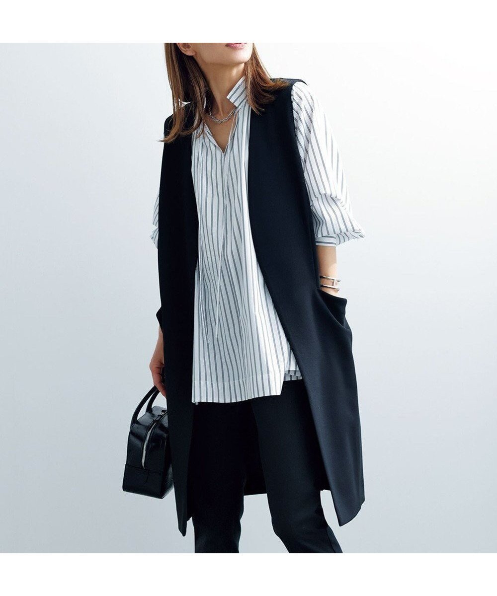 【アンフィーロ 自由区/UNFILO】のイージーケア ギャザーブラウス インテリア・キッズ・メンズ・レディースファッション・服の通販 founy(ファニー) 　ファッション　Fashion　レディースファッション　Fashion for Women　トップス・カットソー　Cut & Sew Tops　シャツ・ブラウス・オフィスカジュアル　Elegant Blouses & Button-Ups　カフス　Cuff Design　ギャザー　Gathered, Ruffled　クラシカル　Classical, Vintage-Inspired　吸水　Absorbent, Quick-Dry　シャーリング　Shirring, Ruched　スキッパー　Skipper, Open Collar　ハイネック　High Neck, Mock Neck　A/W・秋冬　Autumn/Winter　ブラックストライプ|ID: prp329100004843384 ipo3291000000035959739