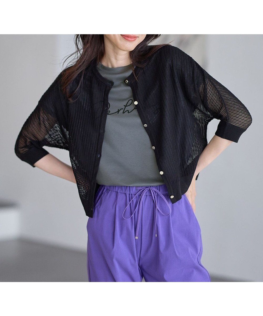 【エニー/ANY】のメッシュパターンニットカーディガン インテリア・キッズ・メンズ・レディースファッション・服の通販 founy(ファニー) 　ファッション　Fashion　レディースファッション　Fashion for Women　トップス・カットソー　Cut & Sew Tops　ニット　Knit Tops & Sweaters　カーディガン・羽織り　Layered Style Cardigans　おすすめ　Recommended / Our Picks　アクリル　Acrylic Material　カーディガン　Cardigan, Knitwear　シンプル　Simple, Minimal　セーター　Sweater, Knitwear　トレンド　Trend, Trending Now　メタル　Metal, Metal Parts　メッシュ　Mesh, Net Fabric　エレガント 上品　Elegant　夏　Summer　春　Spring　S/S・春夏　SS, Spring/Summer, Warm Season　羽織　Haori, Light Jacket　ブラック|ID: prp329100004843496 ipo3291000000036295006