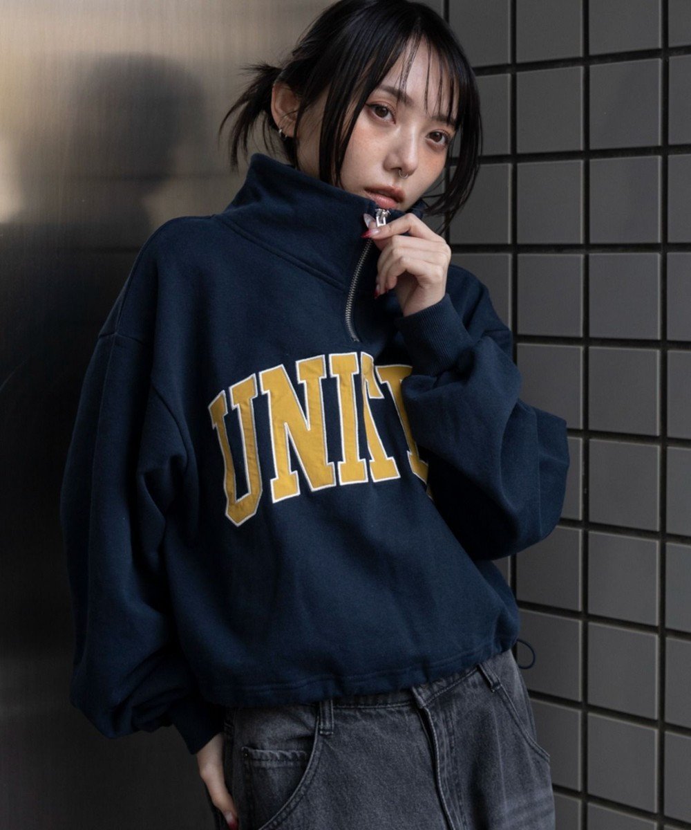 【ウィゴー/WEGO】のグラフィックハーフジップスウェット インテリア・キッズ・メンズ・レディースファッション・服の通販 founy(ファニー) 　ファッション　Fashion　レディースファッション　Fashion for Women　トップス・カットソー　Cut & Sew Tops　レディースパーカー・カジュアルフーディー　Casual Hoodies & Sweatshirts　スウェット・クルーネックトップス　Sweatshirts & Crewnecks / Relaxed Fit Sweat Tops　インナー　Innerwear　春　Spring　秋　Autumn　カーゴパンツ　Cargo Pants, Utility Pants　グラフィック　Graphic, Graphic Design　ジップ　Zip, Zipper　スマホ　Smartphone, Mobile Device　トレンド　Trend, Trending Now　パーカー　Hoodie, Parka　ボトム　Bottoms, Lower Wear　ワイド　Wide, Wide Fit　冬　Winter / This Winter　S/S・春夏　SS, Spring/Summer, Warm Season　おすすめ　Recommended / Our Picks　夏　Summer　ネイビー|ID: prp329100004843537 ipo3291000000035519591