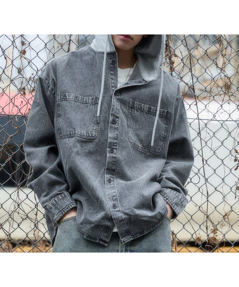 【ウィゴー/WEGO】のデニムフードシャツ(LS) インテリア・キッズ・メンズ・レディースファッション・服の通販 founy(ファニー) 　ファッション　Fashion　レディースファッション　Fashion for Women　トップス・カットソー　Cut & Sew Tops　シャツ・ブラウス・オフィスカジュアル　Elegant Blouses & Button-Ups　ヴィンテージ　Vintage Style　春　Spring　秋　Autumn　シンプル　Simple, Minimal　スウェット / スエット　Sweatshirt, Sweatwear　スマホ　Smartphone, Mobile Device　デニム　Denim, Jeans Material　トレンド　Trend, Trending Now　ドッキング　Docking, Mixed Material　長袖　Long Sleeve, Full Sleeve　ポケット　Pocket, Pocket Detail　羽織　Haori, Light Jacket　メンズ　Men's, Menswear　無地　Plain, Solid Color　S/S・春夏　SS, Spring/Summer, Warm Season　おすすめ　Recommended / Our Picks　夏　Summer　デニムブラックソノタ|ID: prp329100004843550 ipo3291000000035301333