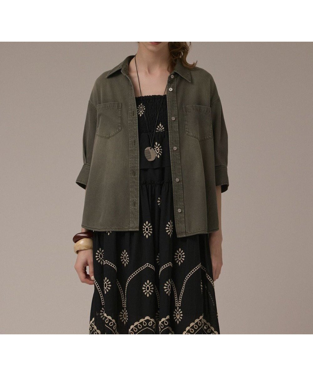 【グレース コンチネンタル/GRACE CONTINENTAL】のツイルハーフスリーブシャツ インテリア・キッズ・メンズ・レディースファッション・服の通販 founy(ファニー) 　ファッション　Fashion　レディースファッション　Fashion for Women　トップス・カットソー　Cut & Sew Tops　シャツ・ブラウス・オフィスカジュアル　Elegant Blouses & Button-Ups　ギャザー　Gathered, Ruffled　スリット　Slit, Slit Detail　スリーブ　Sleeve, Long Sleeve / Short Sleeve　タイトスカート　Pencil Skirt, Tight Skirt　ツイル　Twist, Twisted Detail　ハーフ　Half, Half-Length　ユーズド　Used, Vintage-Look　レース　Lace, Lace Fabric　夏　Summer　春　Spring　S/S・春夏　SS, Spring/Summer, Warm Season　羽織　Haori, Light Jacket　カーキ|ID: prp329100004843754 ipo3291000000036030356