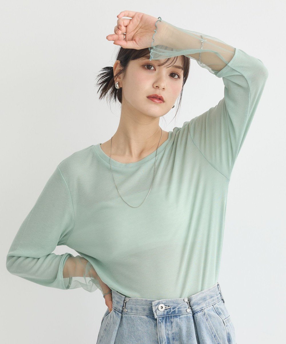 【アースミュージックアンドエコロジー/earth music&ecology】のシアースリーブプルオーバー インテリア・キッズ・メンズ・レディースファッション・服の通販 founy(ファニー) 　ファッション　Fashion　レディースファッション　Fashion for Women　トップス・カットソー　Cut & Sew Tops　シャツ・ブラウス・オフィスカジュアル　Elegant Blouses & Button-Ups　ロングTシャツ・Tシャツ　Longline T-Shirts & Tees　カジュアルプルオーバー・ニットトップス　Pullovers & Knit Tops / Casual Pullovers　カットソー・ベーシックTシャツ　Cut-and-Sewn Tops / Stretch Tees & Basics　おすすめ　Recommended / Our Picks　カットソー　Cut and Sewn Top　シアー　Sheer, See-Through　シンプル　Simple, Minimal　ジャケット　Jacket, Outerwear　ドッキング　Docking, Mixed Material　フィット　Fit, Slim Fit　ボトム　Bottoms, Lower Wear　ポケット　Pocket, Pocket Detail　A/W・秋冬　Autumn/Winter　Light Green|ID: prp329100004843860 ipo3291000000035676542