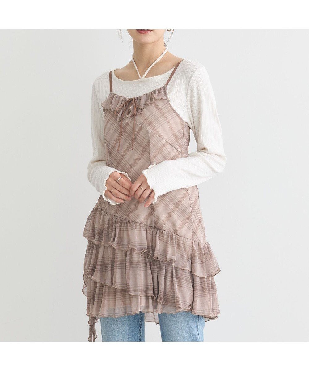 【アースミュージックアンドエコロジー/earth music&ecology】のフロントリボンチェックミニキャミワンピース 人気、トレンドファッション・服の通販 founy(ファニー) 　ファッション　Fashion　レディースファッション　Fashion for Women　ワンピース　Dresses　キャミソールワンピース　Camisole Dresses　おすすめ　Recommended / Our Picks　キャミソール　Camisole, Spaghetti Strap Top　シアー　Sheer, See-Through　シャーリング　Shirring, Ruched　チェック　Check, Plaid, Tartan　フェミニン　Feminine, Girly　ボトム　Bottoms, Lower Wear　ポケット　Pocket, Pocket Detail　A/W・秋冬　Autumn/Winter　 other-1|ID: prp329100004843947 ipo3291000000036304079
