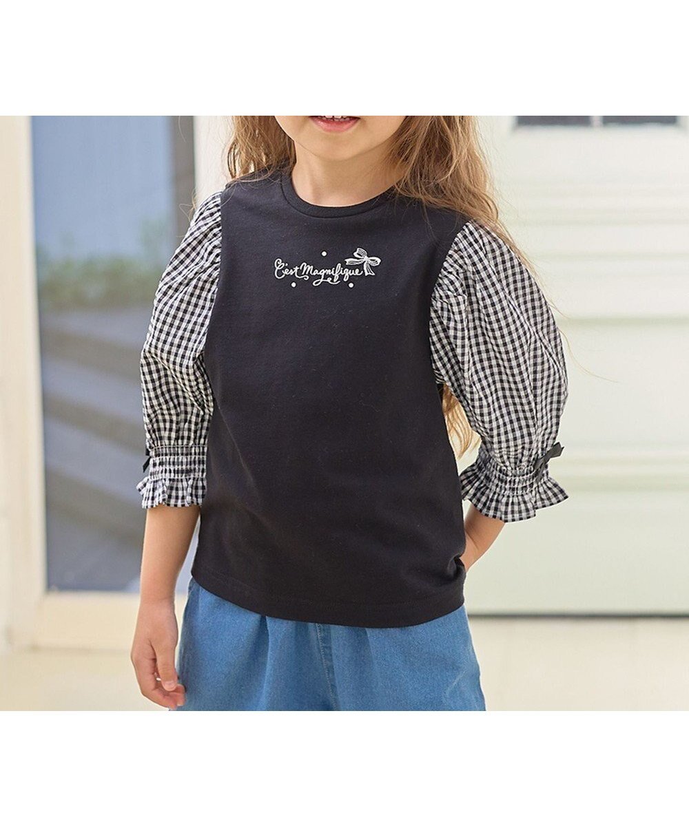 【エニィ/ANY / KIDS】の袖ギンガム 七分袖 Tシャツ インテリア・キッズ・メンズ・レディースファッション・服の通販 founy(ファニー) 　ファッション　Fashion　キッズファッション　Fashion for Kids　トップス・カットソー　Cut & Sew Tops　インナー　Innerwear　カットソー　Cut and Sewn Top　ギンガム　Gingham, Gingham Fabric　ストーン　Stone, Gem-Like　トレンド　Trend, Trending Now　ベスト　Vest, Waistcoat　ポケット　Pocket, Pocket Detail　夏　Summer　春　Spring　S/S・春夏　SS, Spring/Summer, Warm Season　ブラック×ブラックギンガム|ID: prp329100004844633 ipo3291000000035841516