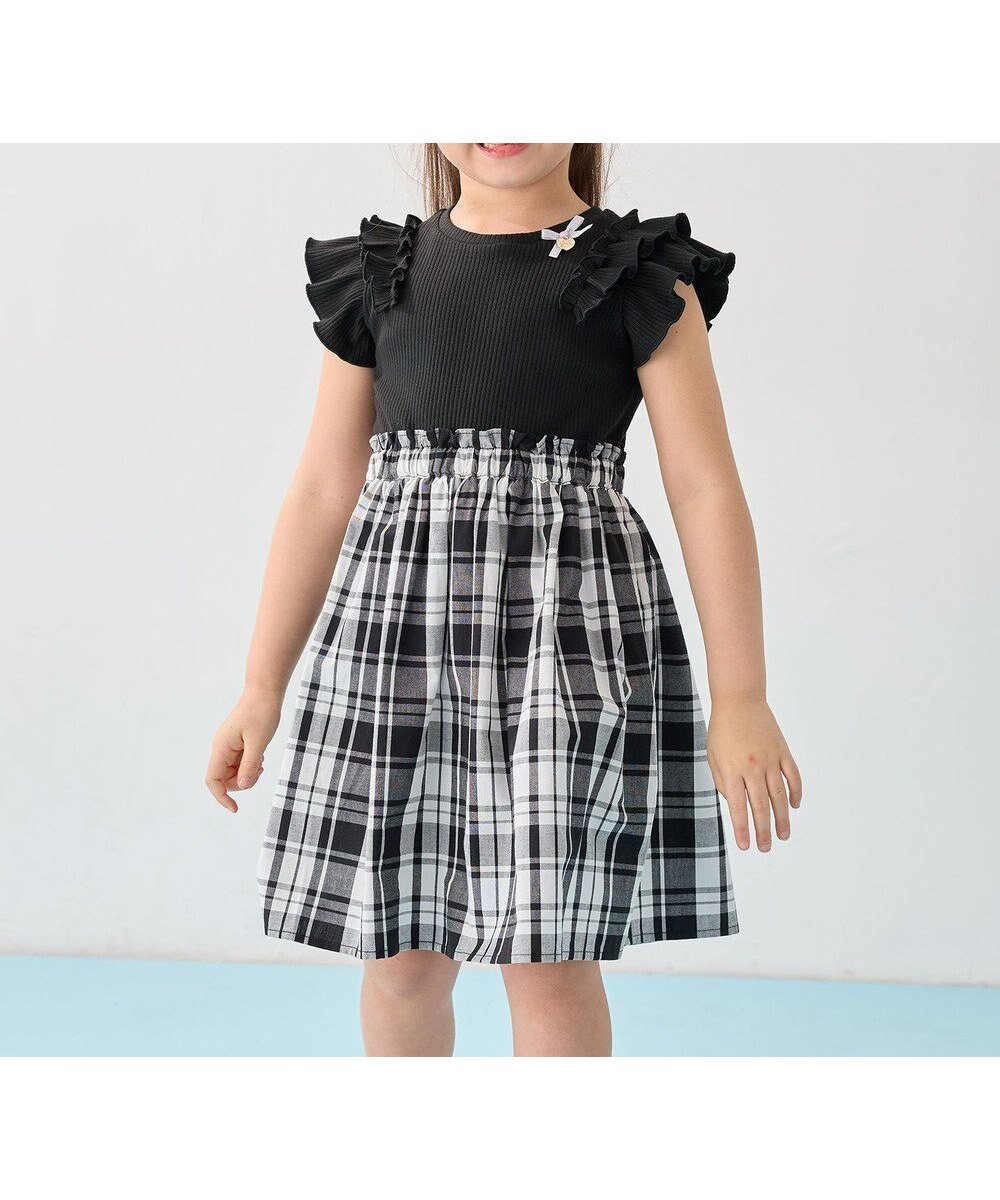 【エニィ/ANY / KIDS】のチェック ドッキングワンピース インテリア・キッズ・メンズ・レディースファッション・服の通販 founy(ファニー) 　ファッション　Fashion　キッズファッション　Fashion for Kids　ワンピース　Dresses　チェック　Check, Plaid, Tartan　チャーム　Charm, Pendant　ドッキング　Docking, Mixed Material　フリル　Frill, Ruffle　ポケット　Pocket, Pocket Detail　リボン　Ribbon, Bow　ワンポイント　One Point, Statement Accent　エレガント 上品　Elegant　夏　Summer　春　Spring　S/S・春夏　SS, Spring/Summer, Warm Season　ブラック|ID: prp329100004845527 ipo3291000000036295092