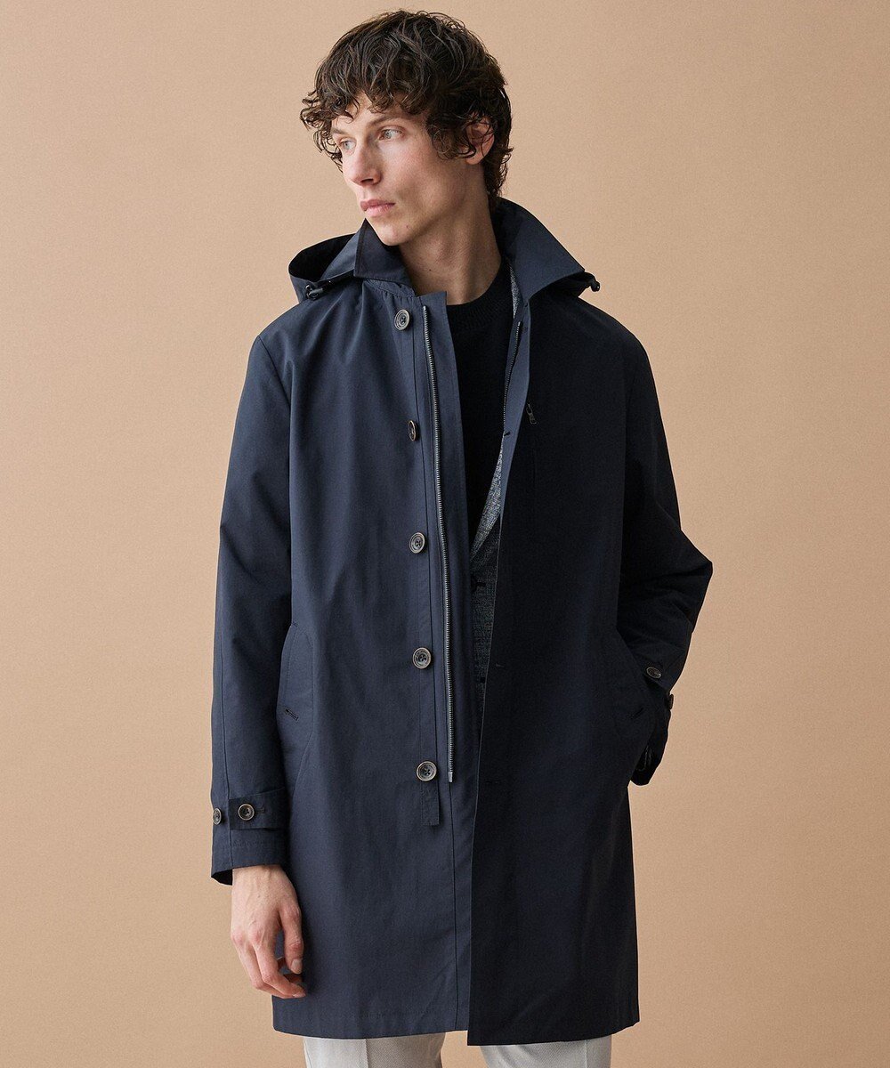 【ジョセフ アブード/JOSEPH ABBOUD / MEN】の【フード脱着仕様/JAPANファブリック/ECO撥水】ステンカラー コート インテリア・キッズ・メンズ・レディースファッション・服の通販 founy(ファニー) 　ファッション　Fashion　メンズファッション　Fashion for Men　アウター　Men's Coats Outerwear　春　Spring　ジャケット　Jacket, Outerwear　スピンドル　Spindle, Drawcord　スマート　Smart, Elegant　定番　Standard, Basic Item　ファブリック　Fabric, Textile　フィット　Fit, Slim Fit　プリント　Print, Printed Pattern　S/S・春夏　SS, Spring/Summer, Warm Season　おすすめ　Recommended / Our Picks　夏　Summer　ビジネス 仕事 通勤　Business / Work / Commuting　ネイビー系|ID: prp329100004845553 ipo3291000000036029693