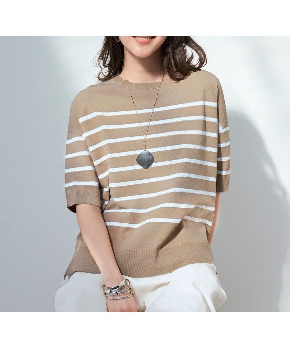 【自由区/JIYU-KU】の【接触冷感・UVカット・WEB限定カラーあり】クレープストレッチプルオーバー ニット インテリア・キッズ・メンズ・レディースファッション・服の通販 founy(ファニー) 　ファッション　Fashion　レディースファッション　Fashion for Women　トップス・カットソー　Cut & Sew Tops　ニット　Knit Tops & Sweaters　カジュアルプルオーバー・ニットトップス　Pullovers & Knit Tops / Casual Pullovers　インナー　Innerwear　エレガント 上品　Elegant　春　Spring　ジャケット　Jacket, Outerwear　ストレッチ　Stretch, Stretchy Fabric　セーター　Sweater, Knitwear　ドレープ　Drape, Draping Fabric　ボーダー　Border, Stripe　S/S・春夏　SS, Spring/Summer, Warm Season　夏　Summer　[新色]シナモン×オフ|ID: prp329100004845636 ipo3291000000036150957