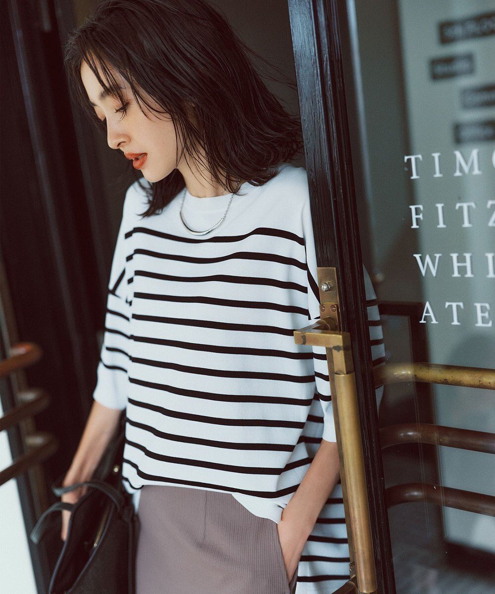 【自由区/JIYU-KU】の【接触冷感・UVカット・WEB限定カラーあり】クレープストレッチプルオーバー ニット インテリア・キッズ・メンズ・レディースファッション・服の通販 founy(ファニー) 　ファッション　Fashion　レディースファッション　Fashion for Women　トップス・カットソー　Cut & Sew Tops　ニット　Knit Tops & Sweaters　カジュアルプルオーバー・ニットトップス　Pullovers & Knit Tops / Casual Pullovers　インナー　Innerwear　エレガント 上品　Elegant　春　Spring　ジャケット　Jacket, Outerwear　ストレッチ　Stretch, Stretchy Fabric　セーター　Sweater, Knitwear　ドレープ　Drape, Draping Fabric　ボーダー　Border, Stripe　S/S・春夏　SS, Spring/Summer, Warm Season　夏　Summer　[WEB限定]オフ×ブラックボーダー|ID: prp329100004845636 ipo3291000000036150968