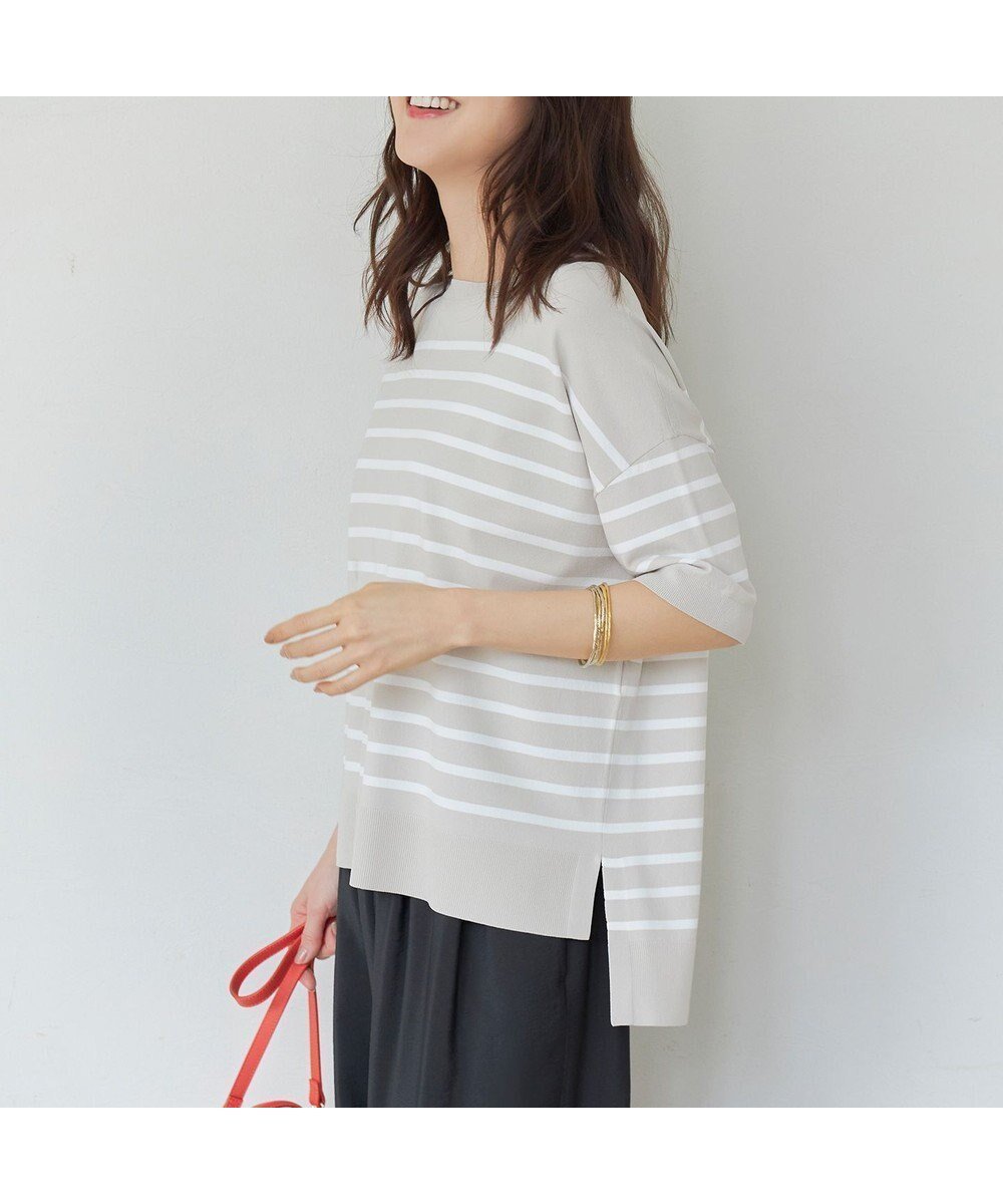 【自由区/JIYU-KU】の【接触冷感・UVカット・WEB限定カラーあり】クレープストレッチプルオーバー ニット インテリア・キッズ・メンズ・レディースファッション・服の通販 founy(ファニー) 　ファッション　Fashion　レディースファッション　Fashion for Women　トップス・カットソー　Cut & Sew Tops　ニット　Knit Tops & Sweaters　カジュアルプルオーバー・ニットトップス　Pullovers & Knit Tops / Casual Pullovers　インナー　Innerwear　エレガント 上品　Elegant　春　Spring　ジャケット　Jacket, Outerwear　ストレッチ　Stretch, Stretchy Fabric　セーター　Sweater, Knitwear　ドレープ　Drape, Draping Fabric　ボーダー　Border, Stripe　S/S・春夏　SS, Spring/Summer, Warm Season　夏　Summer　ベージュ×オフボーダー|ID: prp329100004845636 ipo3291000000036150980