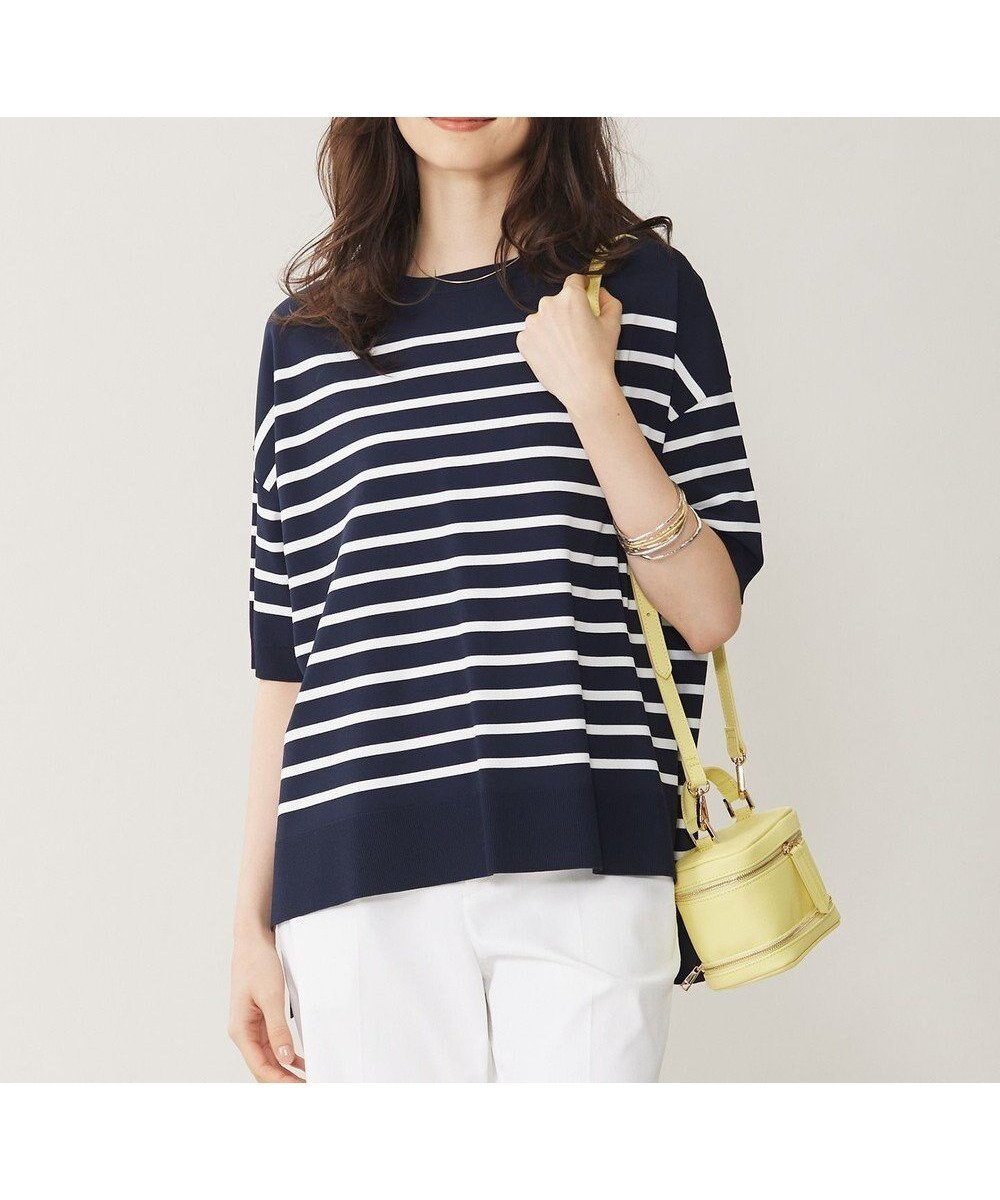 【自由区/JIYU-KU】の【接触冷感・UVカット・WEB限定カラーあり】クレープストレッチプルオーバー ニット インテリア・キッズ・メンズ・レディースファッション・服の通販 founy(ファニー) 　ファッション　Fashion　レディースファッション　Fashion for Women　トップス・カットソー　Cut & Sew Tops　ニット　Knit Tops & Sweaters　カジュアルプルオーバー・ニットトップス　Pullovers & Knit Tops / Casual Pullovers　インナー　Innerwear　エレガント 上品　Elegant　春　Spring　ジャケット　Jacket, Outerwear　ストレッチ　Stretch, Stretchy Fabric　セーター　Sweater, Knitwear　ドレープ　Drape, Draping Fabric　ボーダー　Border, Stripe　S/S・春夏　SS, Spring/Summer, Warm Season　夏　Summer　ネイビー×オフボーダー|ID: prp329100004845636 ipo3291000000036150982