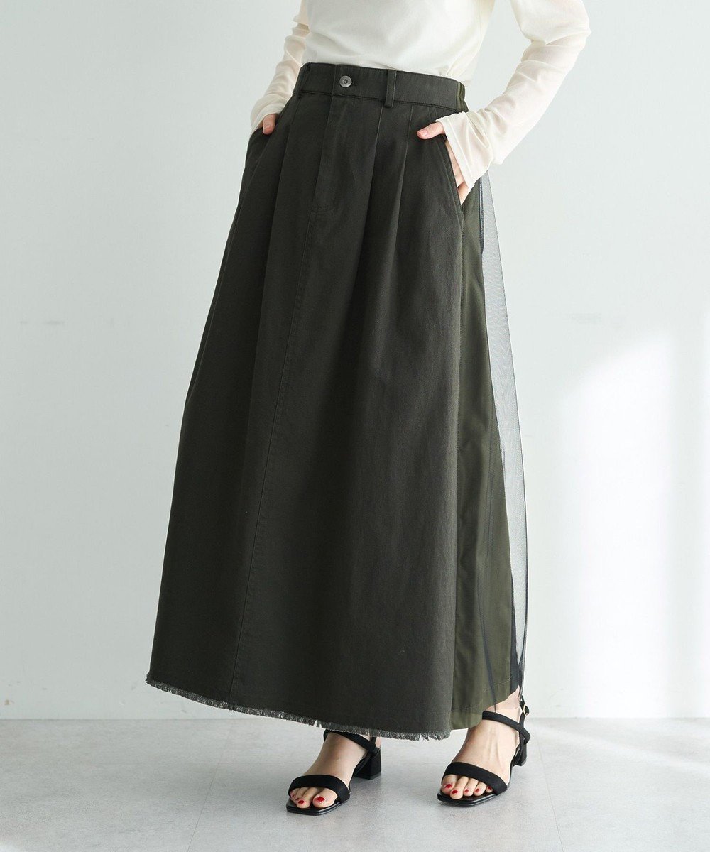 【イェッカ ヴェッカ/YECCA VECCA】の異素材MIXロングスカート インテリア・キッズ・メンズ・レディースファッション・服の通販 founy(ファニー) 　ファッション　Fashion　レディースファッション　Fashion for Women　スカート　Skirts　ロングスカート　Long Skirts / Maxi & Midi Skirts　おすすめ　Recommended / Our Picks　チュール　Tulip, Tulip Motif　バランス　Balance, Style Balance　フリンジ　Fringe, Tassel　フロント　Front, Front Design　ポケット　Pocket, Pocket Detail　ロング　Long, Long-Length　夏　Summer　春　Spring　S/S・春夏　SS, Spring/Summer, Warm Season　Khaki|ID: prp329100004846998 ipo3291000000035397260