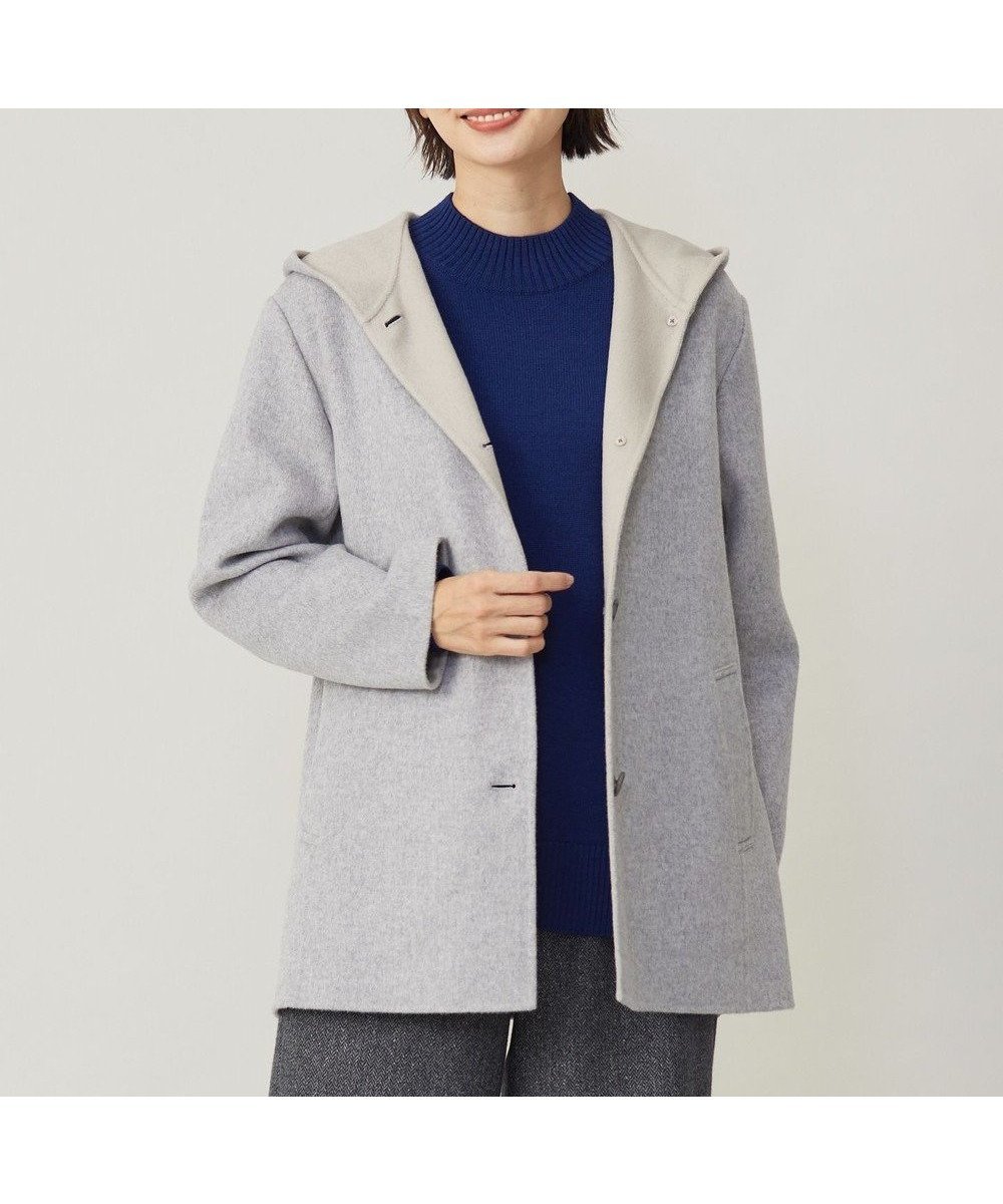 【ジェイ プレス/J.PRESS】のウールナイロンリバー フード付き コート インテリア・キッズ・メンズ・レディースファッション・服の通販 founy(ファニー) 　ファッション　Fashion　レディースファッション　Fashion for Women　アウター　Coat / Outerwear Collection　コート・ロングコート・ピーコート　Long Coats, Peacoats & More　レディースジャケット・軽アウター　Jackets　ジャケット　Jacket, Outerwear　ダブル　Double, Double-Breasted　チェック　Check, Plaid, Tartan　なめらか　Smooth, Silky Texture　フェイス　Face, Facial Design　ボトム　Bottoms, Lower Wear　ミドル　Middle Length, Mid Height　冬　Winter / This Winter　A/W・秋冬　Autumn/Winter　ライトグレー×ベージュ系|ID: prp329100004847630 ipo3291000000035664147