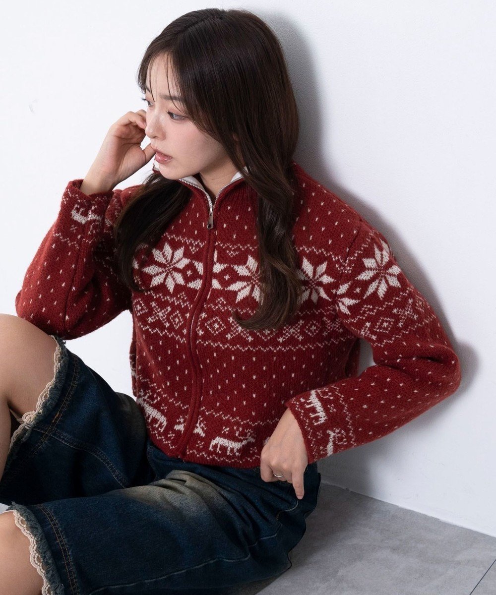 【ウィゴー/WEGO】のユキガラダブルジップカーデ インテリア・キッズ・メンズ・レディースファッション・服の通販 founy(ファニー) 　ファッション　Fashion　レディースファッション　Fashion for Women　トップス・カットソー　Cut & Sew Tops　カーディガン・羽織り　Layered Style Cardigans　インナー　Innerwear　カーディガン　Cardigan, Knitwear　ガーリー　Girly, Feminine Style　スマホ　Smartphone, Mobile Device　デニム　Denim, Jeans Material　ハイネック　High Neck, Mock Neck　プリーツ　Pleats, Pleated　ミニスカート　Mini Skirt, Short Skirt　モックネック　Mock Neck, Short Turtleneck　冬　Winter / This Winter　春　Spring　秋　Autumn　A/W・秋冬　Autumn/Winter　長袖　Long Sleeve, Full Sleeve　レッド|ID: prp329100004847701 ipo3291000000035590963