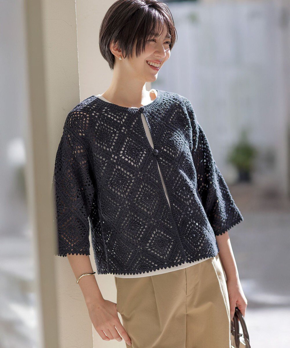 【ジェイ プレス/J.PRESS】の【洗える】クロッシェ ニット インテリア・キッズ・メンズ・レディースファッション・服の通販 founy(ファニー) 　ファッション　Fashion　レディースファッション　Fashion for Women　トップス・カットソー　Cut & Sew Tops　ニット　Knit Tops & Sweaters　アクリル　Acrylic Material　ショート　Short, Short Length　セーター　Sweater, Knitwear　バランス　Balance, Style Balance　ボレロ　Bolero, Short Cardigan　ワイド　Wide, Wide Fit　夏　Summer　春　Spring　S/S・春夏　SS, Spring/Summer, Warm Season　洗える　Machine Washable　ネイビー系|ID: prp329100004847813 ipo3291000000035668634