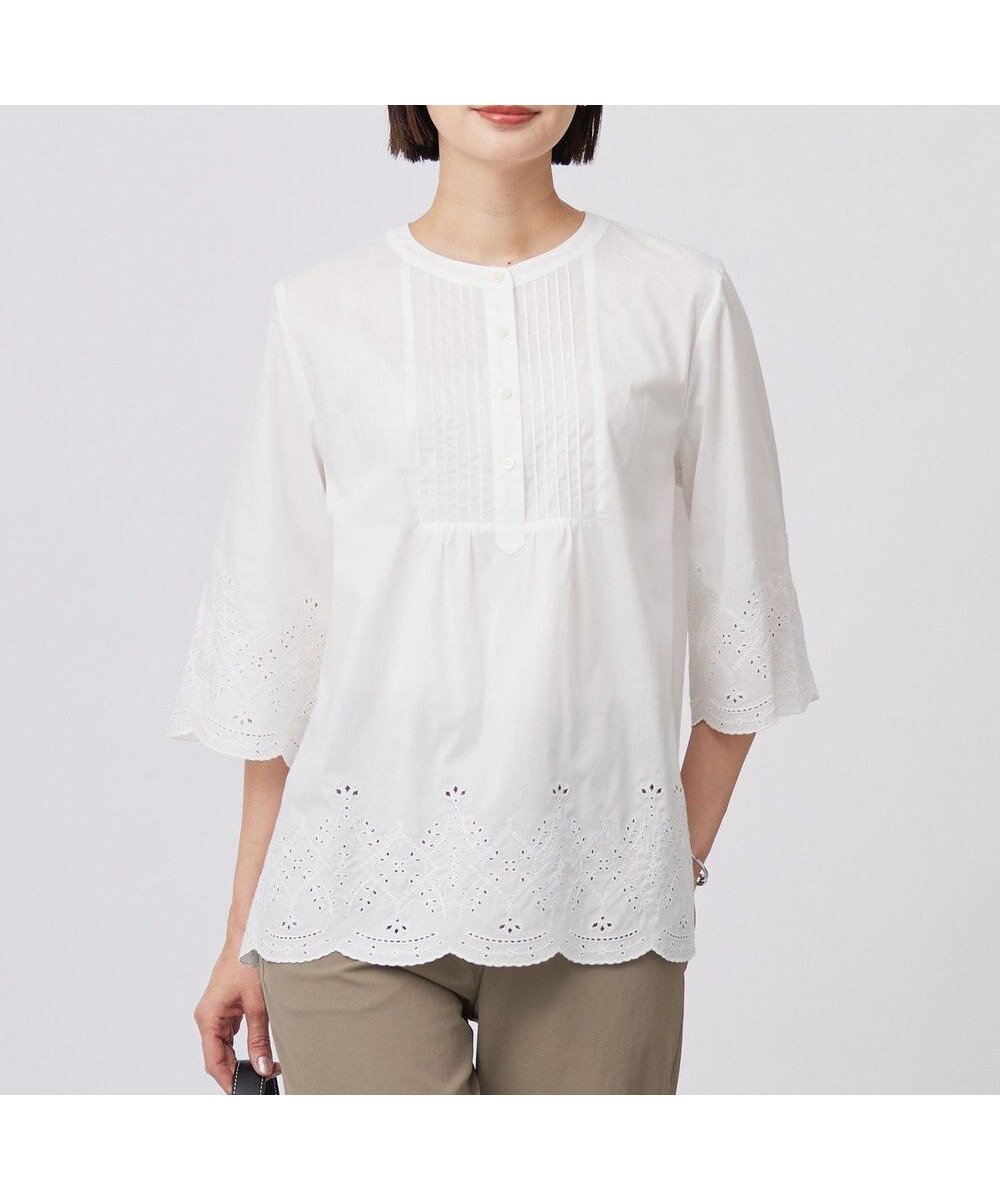 【ジェイ プレス/J.PRESS】の【洗える】セルロースライト刺繍 ピンタック ブラウス インテリア・キッズ・メンズ・レディースファッション・服の通販 founy(ファニー) 　ファッション　Fashion　レディースファッション　Fashion for Women　トップス・カットソー　Cut & Sew Tops　シャツ・ブラウス・オフィスカジュアル　Elegant Blouses & Button-Ups　スカラップ　Scallop, Scalloped Edge　タイプライター　Typewriter Fabric, Crisp Cotton　夏　Summer　春　Spring　S/S・春夏　SS, Spring/Summer, Warm Season　洗える　Machine Washable　ホワイト系|ID: prp329100004847820 ipo3291000000035726503
