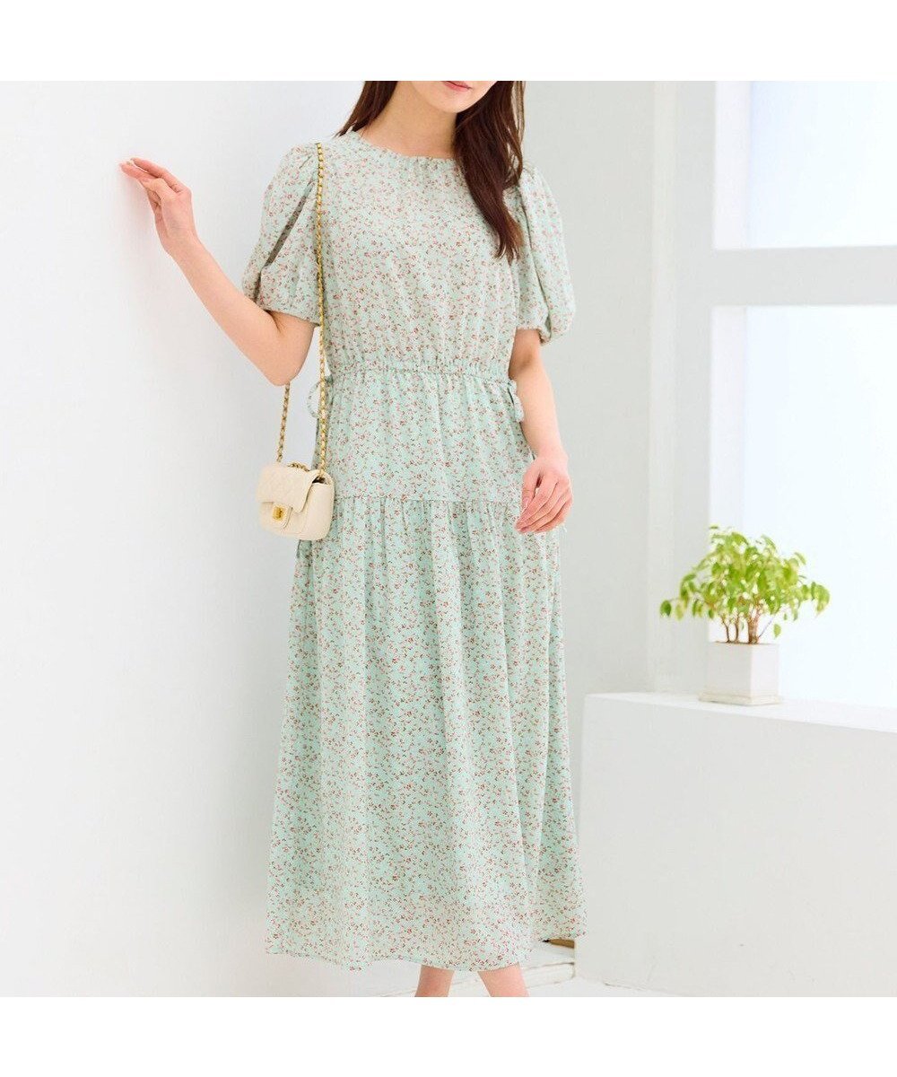 【フェルゥ/Feroux】のサマープリント ワンピース インテリア・キッズ・メンズ・レディースファッション・服の通販 founy(ファニー) 　ファッション　Fashion　レディースファッション　Fashion for Women　ワンピース　Dresses　カーディガン　Cardigan, Knitwear　ギャザー　Gathered, Ruffled　サマー　Summer, Summer Style　ティアードスカート　Tiered Skirt, Flounced Skirt　トレンド　Trend, Trending Now　ドレープ　Drape, Draping Fabric　プリント　Print, Printed Pattern　リボン　Ribbon, Bow　エレガント 上品　Elegant　夏　Summer　春　Spring　S/S・春夏　SS, Spring/Summer, Warm Season　透かし　Cut-Out, Lacework　ライトグリーン系1|ID: prp329100004847922 ipo3291000000036177826