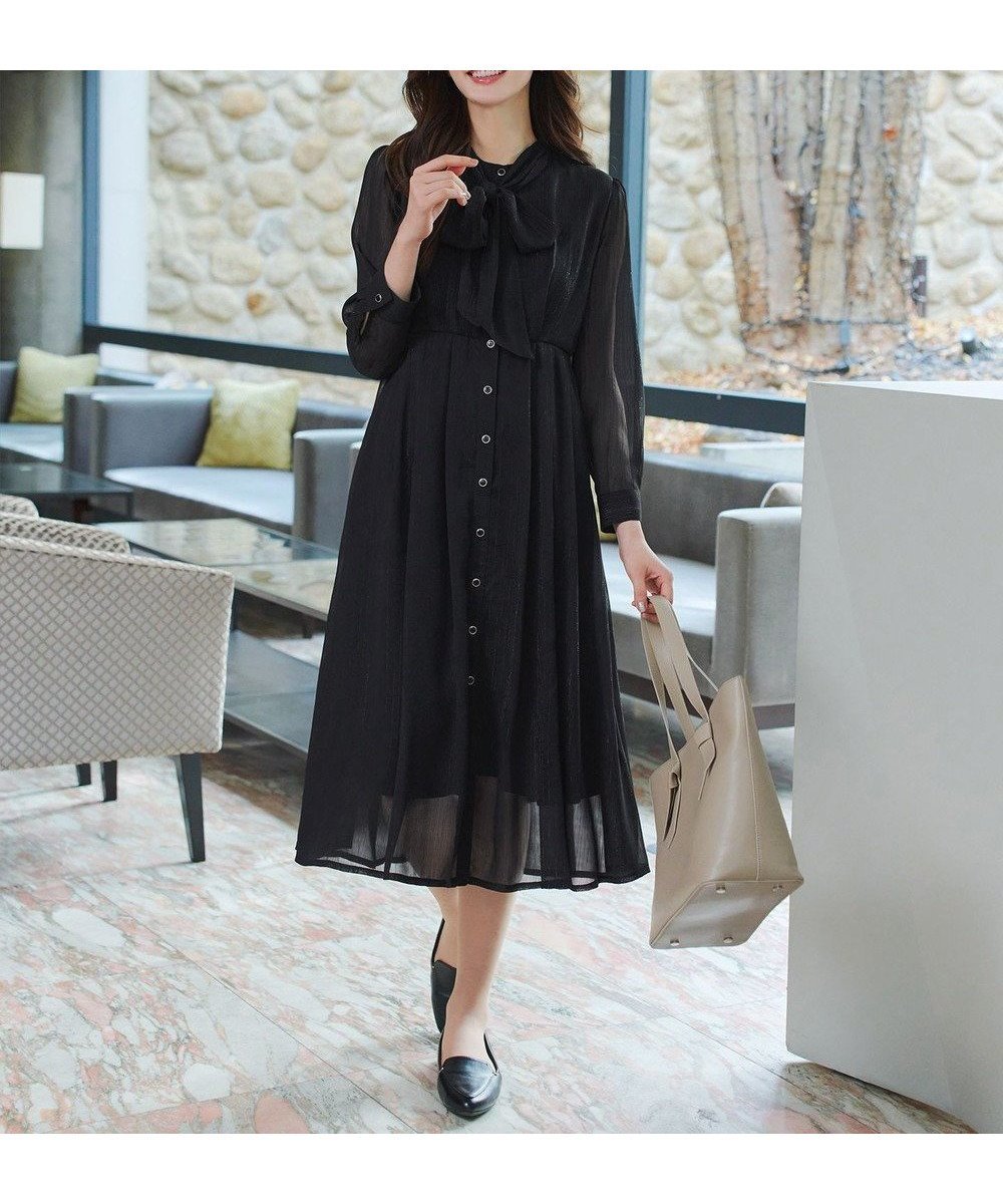 【ティアクラッセ/Tiaclasse】の【2WAY取り外しリボン付き】リボンタイラメシフォンワンピース インテリア・キッズ・メンズ・レディースファッション・服の通販 founy(ファニー) 　ファッション　Fashion　レディースファッション　Fashion for Women　ワンピース　Dresses　ウォッシャブル　Machine Washable　春　Spring　洗える　Machine Washable　秋　Autumn　シアー　Sheer, See-Through　シフォン　Chiffon, Lightweight Fabric　シューズ　Shoes, Footwear　長袖　Long Sleeve, Full Sleeve　フェミニン　Feminine, Girly　フラット　Flat, Flat Shoes　フレア　Flare, Flared　ポケット　Pocket, Pocket Detail　リボン　Ribbon, Bow　ロング　Long, Long-Length　S/S・春夏　SS, Spring/Summer, Warm Season　夏　Summer　エレガント 上品　Elegant　セレモニー　Ceremony　入学式　Entrance Ceremony　ビジネス 仕事 通勤　Business / Work / Commuting　ブラック|ID: prp329100004848337 ipo3291000000035522075