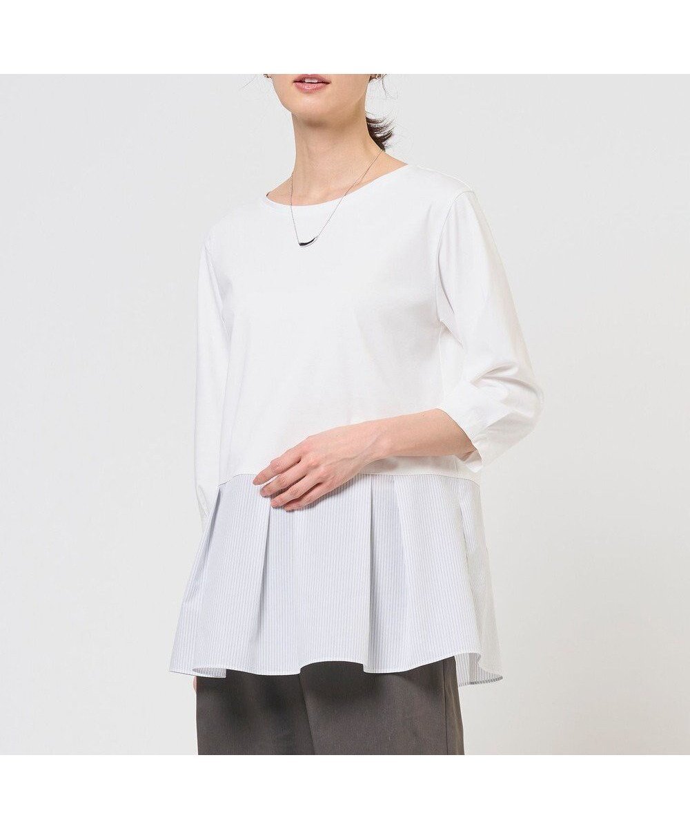 【ジェイ プレス/J.PRESS】のレイヤードフレア カットソー インテリア・キッズ・メンズ・レディースファッション・服の通販 founy(ファニー) 　ファッション　Fashion　レディースファッション　Fashion for Women　トップス・カットソー　Cut & Sew Tops　シャツ・ブラウス・オフィスカジュアル　Elegant Blouses & Button-Ups　ロングTシャツ・Tシャツ　Longline T-Shirts & Tees　カットソー・ベーシックTシャツ　Cut-and-Sewn Tops / Stretch Tees & Basics　カットソー　Cut and Sewn Top　シルケット　Silket, Silky Cotton　ジャケット　Jacket, Outerwear　フレア　Flare, Flared　エレガント 上品　Elegant　夏　Summer　春　Spring　S/S・春夏　SS, Spring/Summer, Warm Season　ホワイト×ストライプ系|ID: prp329100004848374 ipo3291000000035436265