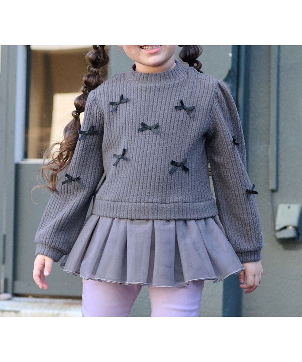【エニィ/ANY / KIDS】のふくれジャガードリボンチュニック インテリア・キッズ・メンズ・レディースファッション・服の通販 founy(ファニー) 　ファッション　Fashion　キッズファッション　Fashion for Kids　トップス・カットソー　Cut & Sew Tops　ガーリー　Girly, Feminine Style　シンプル　Simple, Minimal　スウェット / スエット　Sweatshirt, Sweatwear　チュニック　Tunic, Long Top　チュール　Tulip, Tulip Motif　ポケット　Pocket, Pocket Detail　リボン　Ribbon, Bow　A/W・秋冬　Autumn/Winter　チャコール|ID: prp329100004848568 ipo3291000000035606006