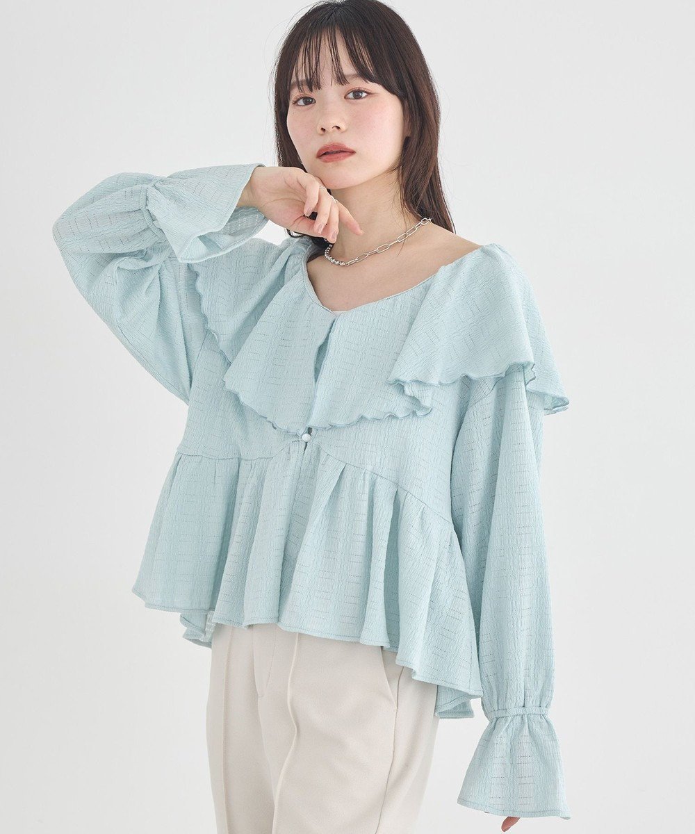 【アースミュージックアンドエコロジー/earth music&ecology】のラッフルカラーカットブラウス インテリア・キッズ・メンズ・レディースファッション・服の通販 founy(ファニー) 　ファッション　Fashion　レディースファッション　Fashion for Women　トップス・カットソー　Cut & Sew Tops　シャツ・ブラウス・オフィスカジュアル　Elegant Blouses & Button-Ups　春　Spring　ギャザー　Gathered, Ruffled　シンプル　Simple, Minimal　バランス　Balance, Style Balance　ポケット　Pocket, Pocket Detail　S/S・春夏　SS, Spring/Summer, Warm Season　夏　Summer　サックスブルー|ID: prp329100004848869 ipo3291000000035523010