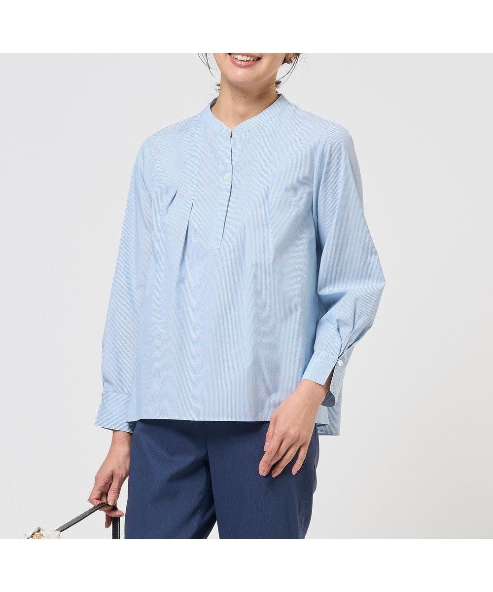 【ジェイ プレス/J.PRESS】の【WEB限定カラーあり】コンパクトエステネージュ スキッパー ブラウス インテリア・キッズ・メンズ・レディースファッション・服の通販 founy(ファニー) 　ファッション　Fashion　レディースファッション　Fashion for Women　トップス・カットソー　Cut & Sew Tops　シャツ・ブラウス・オフィスカジュアル　Elegant Blouses & Button-Ups　春　Spring　カフス　Cuff Design　ギンガム　Gingham, Gingham Fabric　クラシック　Classic, Timeless Style　スキッパー　Skipper, Open Collar　ストライプ　Stripe, Striped Pattern　バランス　Balance, Style Balance　ボックス　Boxy, Box Shape　S/S・春夏　SS, Spring/Summer, Warm Season　夏　Summer　サックスストライプ系1|ID: prp329100004848953 ipo3291000000035458227