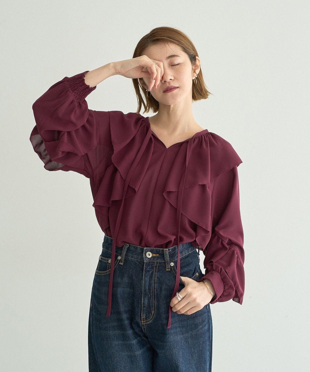 【イェッカ ヴェッカ/YECCA VECCA】のシアーラッフルブラウス インテリア・キッズ・メンズ・レディースファッション・服の通販 founy(ファニー) ファッション Fashion レディースファッション Fashion for Women トップス・カットソー Cut & Sew Tops シャツ・ブラウス・オフィスカジュアル Elegant Blouses & Button-Ups おすすめ Recommended / Our Picks ジョーゼット Georgette, Semi-Sheer Fabric フロント Front, Front Design ポケット Pocket, Pocket Detail リボン Ribbon, Bow A/W・秋冬 Autumn/Winter Wine|ID: prp329100004849065 ipo3291000000035603780