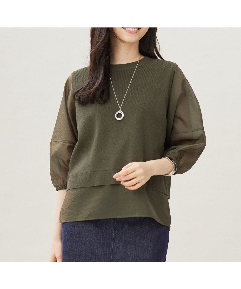 【自由区/JIYU-KU】のハイツイストコットンアセテートプルオーバー ニット インテリア・キッズ・メンズ・レディースファッション・服の通販 founy(ファニー) 　ファッション　Fashion　レディースファッション　Fashion for Women　トップス・カットソー　Cut & Sew Tops　ニット　Knit Tops & Sweaters　カジュアルプルオーバー・ニットトップス　Pullovers & Knit Tops / Casual Pullovers　コンビ　Combo, Combination Style　シアー　Sheer, See-Through　スリーブ　Sleeve, Long Sleeve / Short Sleeve　セーター　Sweater, Knitwear　トレンド　Trend, Trending Now　夏　Summer　春　Spring　S/S・春夏　SS, Spring/Summer, Warm Season　ダークカーキ|ID: prp329100004849287 ipo3291000000035475651