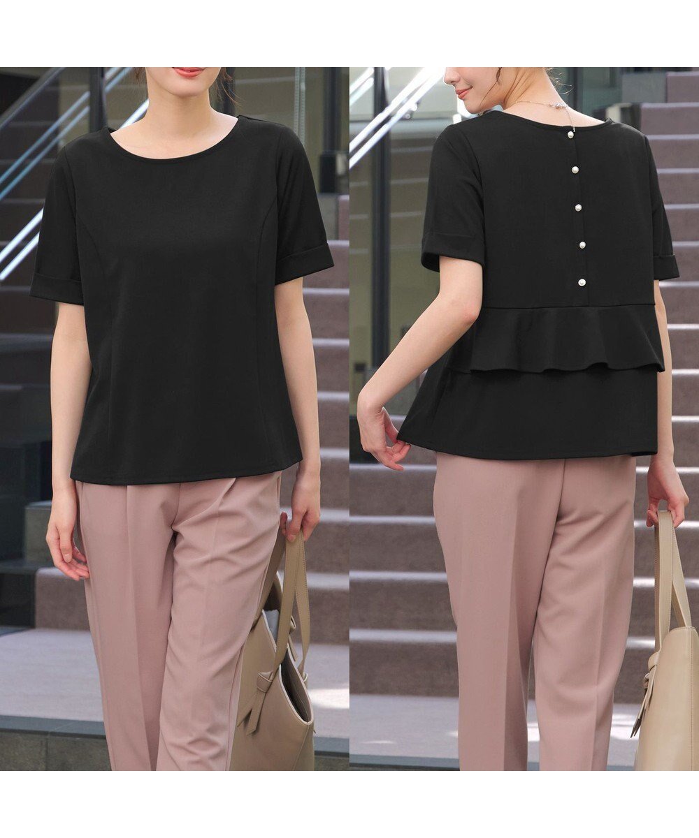 【ティアクラッセ/Tiaclasse】の【洗える】バックフリルカットソー インテリア・キッズ・メンズ・レディースファッション・服の通販 founy(ファニー) 　ファッション　Fashion　レディースファッション　Fashion for Women　トップス・カットソー　Cut & Sew Tops　シャツ・ブラウス・オフィスカジュアル　Elegant Blouses & Button-Ups　ロングTシャツ・Tシャツ　Longline T-Shirts & Tees　カットソー・ベーシックTシャツ　Cut-and-Sewn Tops / Stretch Tees & Basics　アクセサリー　Fashion Accessories　ウォッシャブル　Machine Washable　春　Spring　洗える　Machine Washable　カットソー　Cut and Sewn Top　カフス　Cuff Design　カーディガン　Cardigan, Knitwear　切替　Switching, Contrast Panel　シンプル　Simple, Minimal　ストレッチ　Stretch, Stretchy Fabric　チュニック　Tunic, Long Top　パール　Pearl, Pearl Accent　フェイク　Faux, Fake　フェミニン　Feminine, Girly　フリル　Frill, Ruffle　ベーシック　Basic, Essential　ペプラム　Peplum, Flared Hem　ボトム　Bottoms, Lower Wear　ラウンド　Round, Round Neck　S/S・春夏　SS, Spring/Summer, Warm Season　再入荷　Restock / Back in Stock　おすすめ　Recommended / Our Picks　夏　Summer　エレガント 上品　Elegant　ブラック|ID: prp329100004849309 ipo3291000000036250378