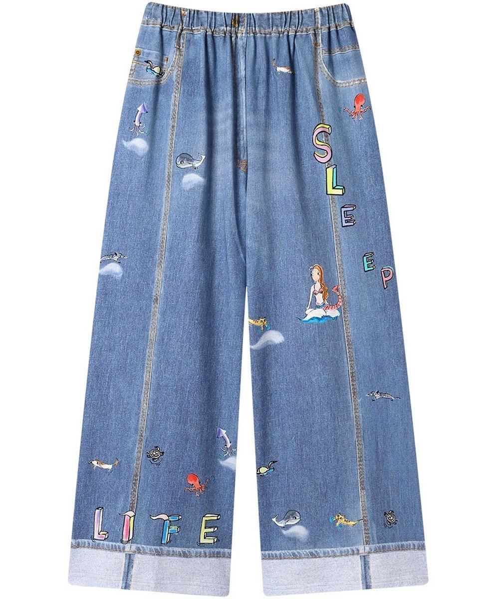 【ツモリチサト スリープ/tsumori chisato SLEEP】のツモリチサト ボトムス 綿100%(本体) ワイドパンツ 長ズボン ルームウエア レディース UOX510 /ワコール インテリア・キッズ・メンズ・レディースファッション・服の通販 founy(ファニー) 　ファッション　Fashion　レディースファッション　Fashion for Women　パンツ　Pants & Trousers　デニム　Denim, Jeans Material　パジャマ　Pajamas, Sleepwear　プリント　Print, Printed Pattern　ボトム　Bottoms, Lower Wear　ポケット　Pocket, Pocket Detail　ワイド　Wide, Wide Fit　ブルー|ID: prp329100004849458 ipo3291000000035478503