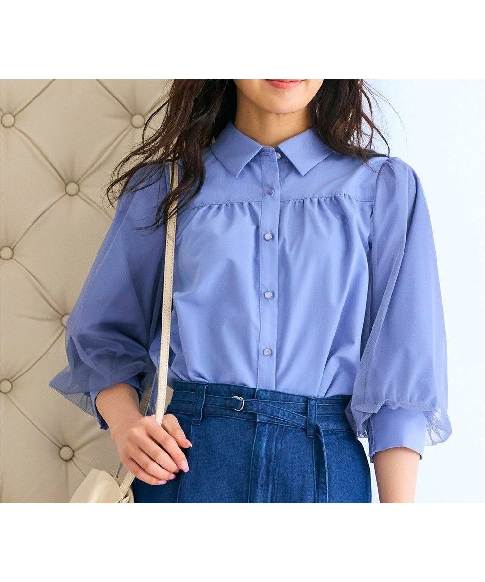 【フェルゥ/Feroux】の【大好評につき追加生産決定!】袖チュールブラウス インテリア・キッズ・メンズ・レディースファッション・服の通販 founy(ファニー) 　ファッション　Fashion　レディースファッション　Fashion for Women　トップス・カットソー　Cut & Sew Tops　シャツ・ブラウス・オフィスカジュアル　Elegant Blouses & Button-Ups　インナー　Innerwear　シャーリング　Shirring, Ruched　チュール　Tulip, Tulip Motif　トレンド　Trend, Trending Now　フェミニン　Feminine, Girly　夏　Summer　S/S・春夏　SS, Spring/Summer, Warm Season　A/W・秋冬　Autumn/Winter　ブルー系|ID: prp329100004849671 ipo3291000000035634899