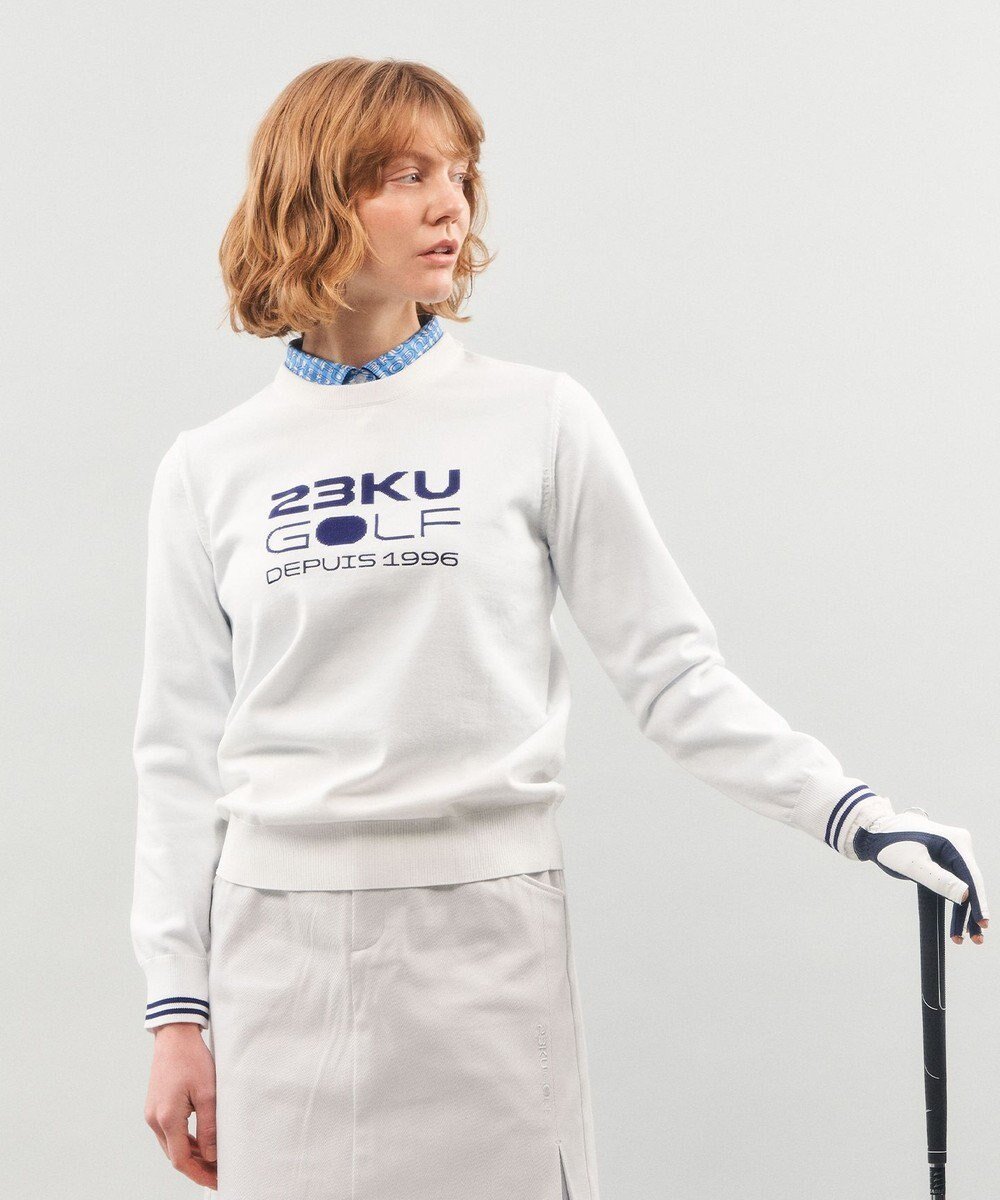 【23区 ゴルフ/NIJYUSANKU GOLF】の【WOMEN】【ウォッシャブル】ロゴインターシャ ポリエステルニット インテリア・キッズ・メンズ・レディースファッション・服の通販 founy(ファニー) 　ファッション　Fashion　レディースファッション　Fashion for Women　トップス・カットソー　Cut & Sew Tops　ニット　Knit Tops & Sweaters　インナー　Innerwear　ウォッシャブル　Machine Washable　春　Spring　軽量　Lightweight, Ultra Light　ストレッチ　Stretch, Stretchy Fabric　セーター　Sweater, Knitwear　人気　Popular, Best Seller　バランス　Balance, Style Balance　メンズ　Men's, Menswear　モックネック　Mock Neck, Short Turtleneck　ラウンド　Round, Round Neck　S/S・春夏　SS, Spring/Summer, Warm Season　おすすめ　Recommended / Our Picks　夏　Summer　エレガント 上品　Elegant　ゴルフ　Golf　ギフト プレゼント　Gift / Present　ホワイト系|ID: prp329100004850414 ipo3291000000035545934