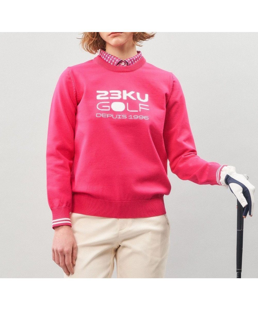 【23区 ゴルフ/NIJYUSANKU GOLF】の【WOMEN】【ウォッシャブル】ロゴインターシャ ポリエステルニット インテリア・キッズ・メンズ・レディースファッション・服の通販 founy(ファニー) 　ファッション　Fashion　レディースファッション　Fashion for Women　トップス・カットソー　Cut & Sew Tops　ニット　Knit Tops & Sweaters　インナー　Innerwear　ウォッシャブル　Machine Washable　春　Spring　軽量　Lightweight, Ultra Light　ストレッチ　Stretch, Stretchy Fabric　セーター　Sweater, Knitwear　人気　Popular, Best Seller　バランス　Balance, Style Balance　メンズ　Men's, Menswear　モックネック　Mock Neck, Short Turtleneck　ラウンド　Round, Round Neck　S/S・春夏　SS, Spring/Summer, Warm Season　おすすめ　Recommended / Our Picks　夏　Summer　エレガント 上品　Elegant　ゴルフ　Golf　ギフト プレゼント　Gift / Present　ピンク系|ID: prp329100004850414 ipo3291000000035545935