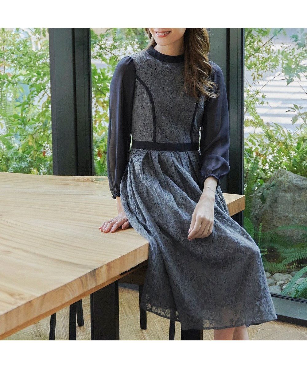 【ティアクラッセ/Tiaclasse】のレースコンビフレアワンピース インテリア・キッズ・メンズ・レディースファッション・服の通販 founy(ファニー) 　ファッション　Fashion　レディースファッション　Fashion for Women　ワンピース　Dresses　アクセサリー　Fashion Accessories　カーディガン　Cardigan, Knitwear　チュニック　Tunic, Long Top　フェミニン　Feminine, Girly　フレア　Flare, Flared　ポケット　Pocket, Pocket Detail　モックネック　Mock Neck, Short Turtleneck　レース　Lace, Lace Fabric　A/W・秋冬　Autumn/Winter　S/S・春夏　SS, Spring/Summer, Warm Season　再入荷　Restock / Back in Stock　日本製　Made In Japan　夏　Summer　エレガント 上品　Elegant　セレモニー　Ceremony　新作・新入荷　New Arrivals / New In　結婚式　Wedding　ネイビーグレー|ID: prp329100004850455 ipo3291000000036255905