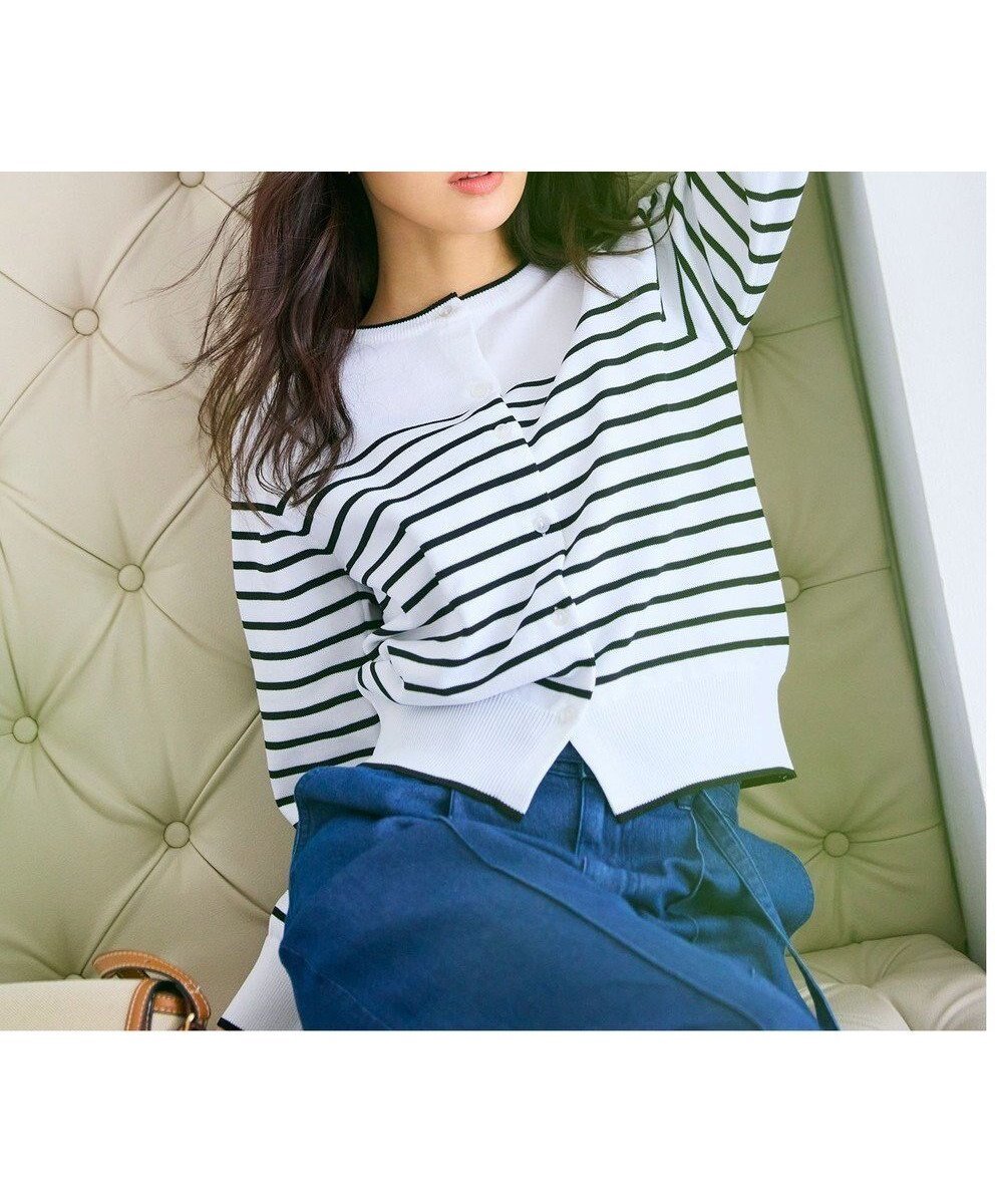 【フェルゥ/Feroux】のロゴ刺繍ニット カーディガン インテリア・キッズ・メンズ・レディースファッション・服の通販 founy(ファニー) 　ファッション　Fashion　レディースファッション　Fashion for Women　トップス・カットソー　Cut & Sew Tops　ニット　Knit Tops & Sweaters　カーディガン・羽織り　Layered Style Cardigans　おすすめ　Recommended / Our Picks　カーディガン　Cardigan, Knitwear　シンプル　Simple, Minimal　デニム　Denim, Jeans Material　フレア　Flare, Flared　夏　Summer　春　Spring　S/S・春夏　SS, Spring/Summer, Warm Season　ホワイト系ボーダー|ID: prp329100004850482 ipo3291000000036280502