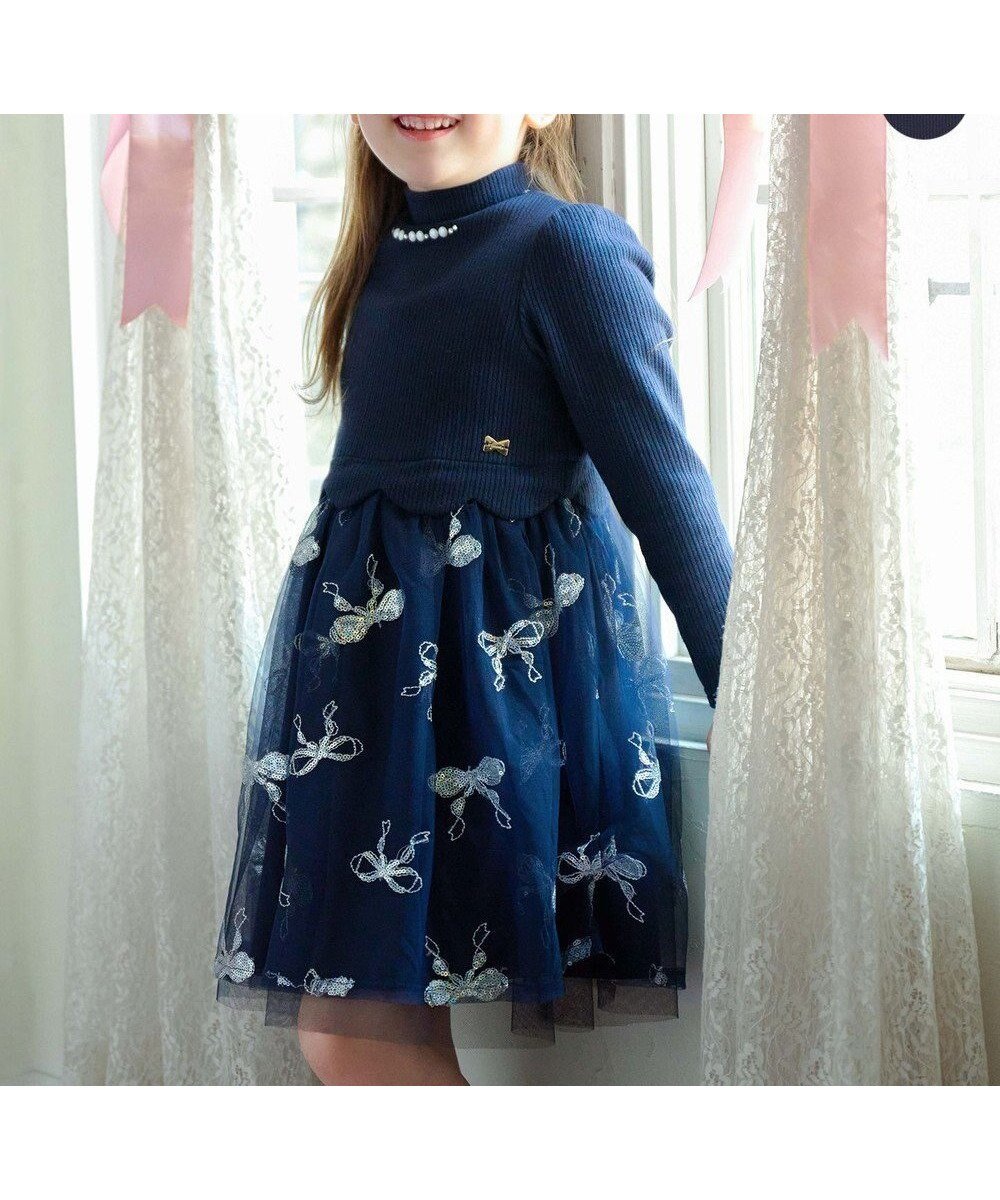 【エニィ/ANY / KIDS】のドッキングチュールワンピース インテリア・キッズ・メンズ・レディースファッション・服の通販 founy(ファニー) 　ファッション　Fashion　キッズファッション　Fashion for Kids　ワンピース　Dresses　スカラップ　Scallop, Scalloped Edge　スパンコール　Sequins, Sequin Embellishment　チャーム　Charm, Pendant　チュール　Tulip, Tulip Motif　ドッキング　Docking, Mixed Material　ビジュー　Bijou, Jewel-like Accent　ポケット　Pocket, Pocket Detail　リボン　Ribbon, Bow　エレガント 上品　Elegant　A/W・秋冬　Autumn/Winter　ネイビー×ネイビー|ID: prp329100004852440 ipo3291000000035633483
