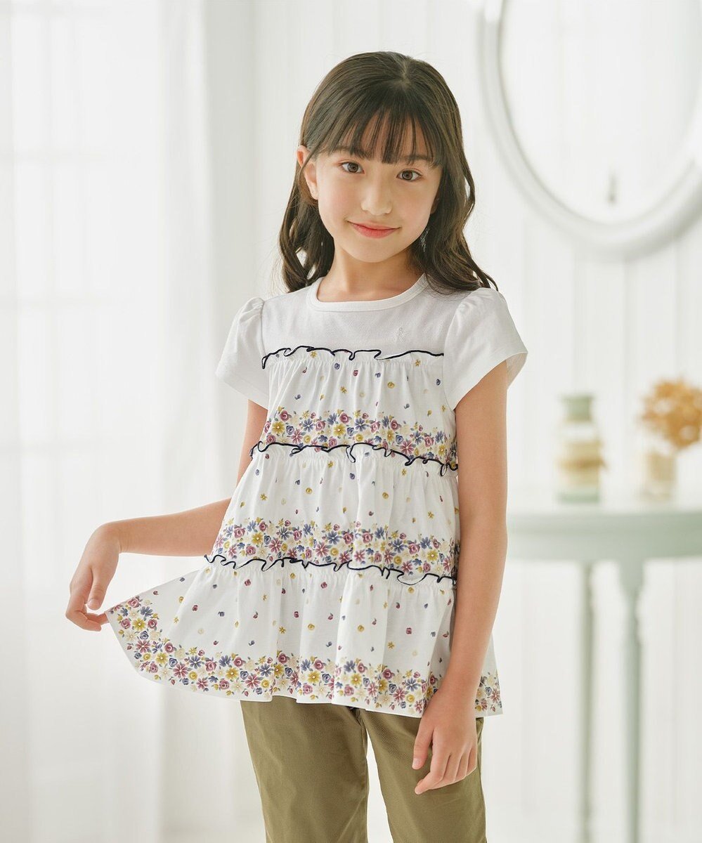 【組曲 / KIDS/KUMIKYOKU】の【110-140㎝】ティアードフラワー チュニック インテリア・キッズ・メンズ・レディースファッション・服の通販 founy(ファニー) 　ファッション　Fashion　キッズファッション　Fashion for Kids　トップス・カットソー　Cut & Sew Tops　カットソー　Cut and Sewn Top　チュニック　Tunic, Long Top　ティアード　Tiered, Tiered Style　プリント　Print, Printed Pattern　ボーダー　Border, Stripe　夏　Summer　春　Spring　S/S・春夏　SS, Spring/Summer, Warm Season　オフホワイト|ID: prp329100004852441 ipo3291000000035633498