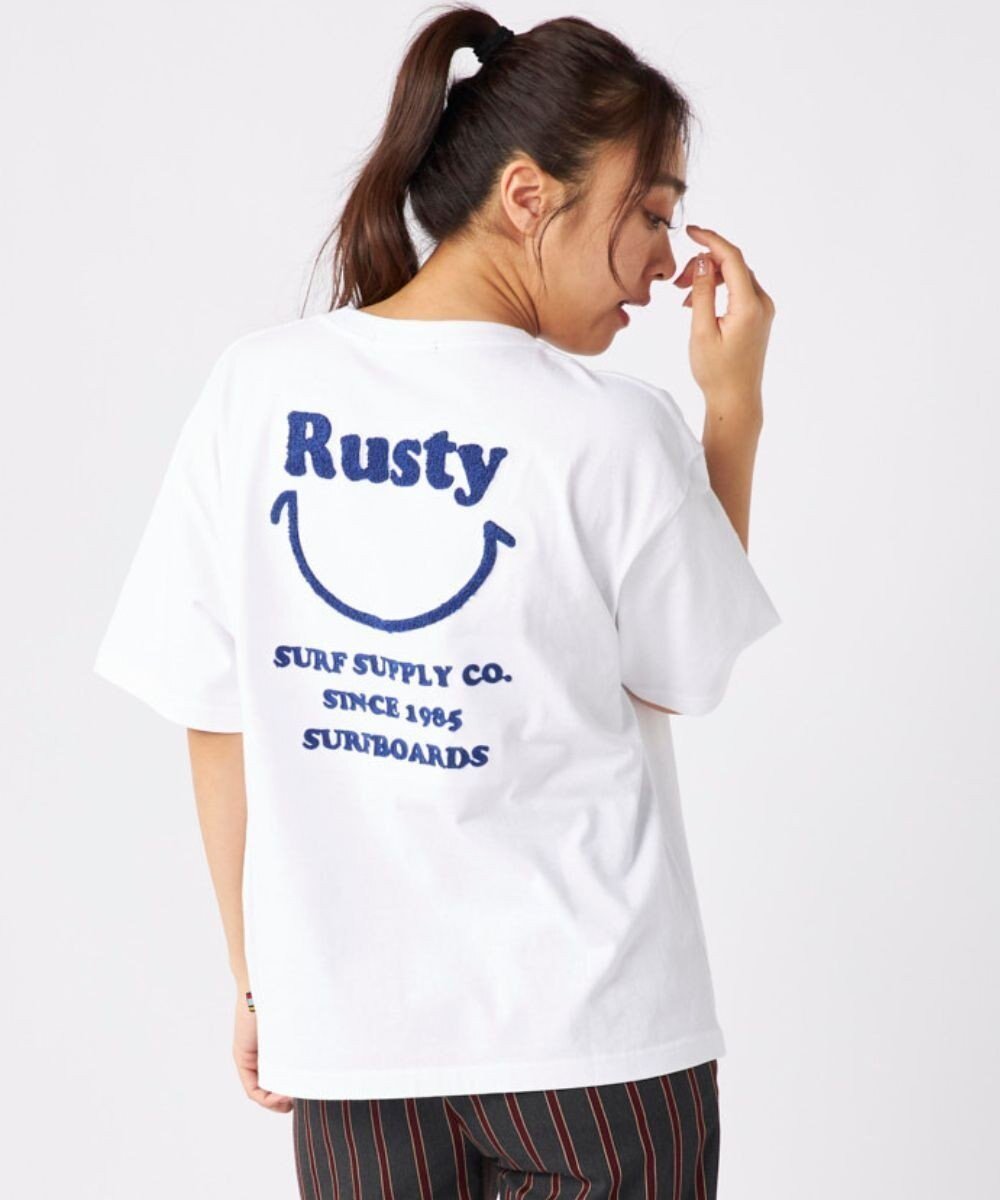 【その他のブランド/Other】の【RUSTY】ニコちゃん×刺しゅう半袖Tシャツ インテリア・キッズ・メンズ・レディースファッション・服の通販 founy(ファニー) ファッション Fashion レディースファッション Fashion for Women トップス・カットソー Cut & Sew Tops シャツ・ブラウス・オフィスカジュアル Elegant Blouses & Button-Ups ロングTシャツ・Tシャツ Longline T-Shirts & Tees カットソー・ベーシックTシャツ Cut-and-Sewn Tops / Stretch Tees & Basics 春 Spring カットソー Cut and Sewn Top カリフォルニア California, Cali Style シンプル Simple, Minimal チェーン Chain, Chain Strap ビーチ Beach, Seaside 半袖 Short Sleeve, Half Sleeve S/S・春夏 SS, Spring/Summer, Warm Season おすすめ Recommended / Our Picks 夏 Summer ホワイト×ネイビー|ID: prp329100004853207 ipo3291000000035649007