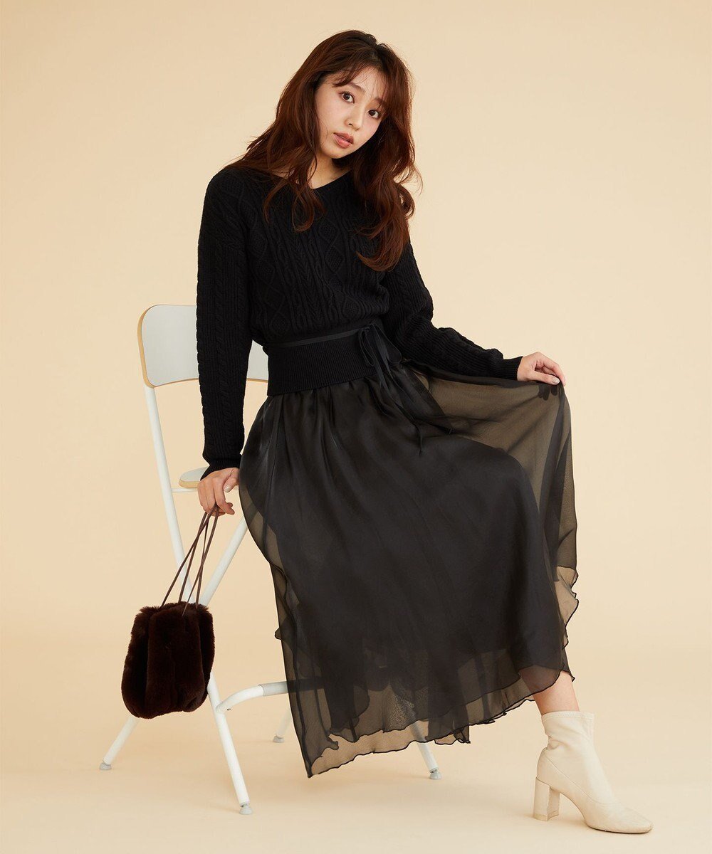 【フェルゥ/Feroux】の【セットアイテム】ケーブルニット×オーガンジースカート インテリア・キッズ・メンズ・レディースファッション・服の通販 founy(ファニー) 　ファッション　Fashion　レディースファッション　Fashion for Women　セットアップ　Matching Sets　スカート・ミニ/ミディ/マキシ　Skirts / Mini, Midi & Maxi Skirts　オーガンジー　Organza Fabric　セットアップ　Set-Up, Coordinated Outfit　フレア　Flare, Flared　リボン　Ribbon, Bow　ロング　Long, Long-Length　A/W・秋冬　Autumn/Winter　ブラック系|ID: prp329100004853260 ipo3291000000035649220