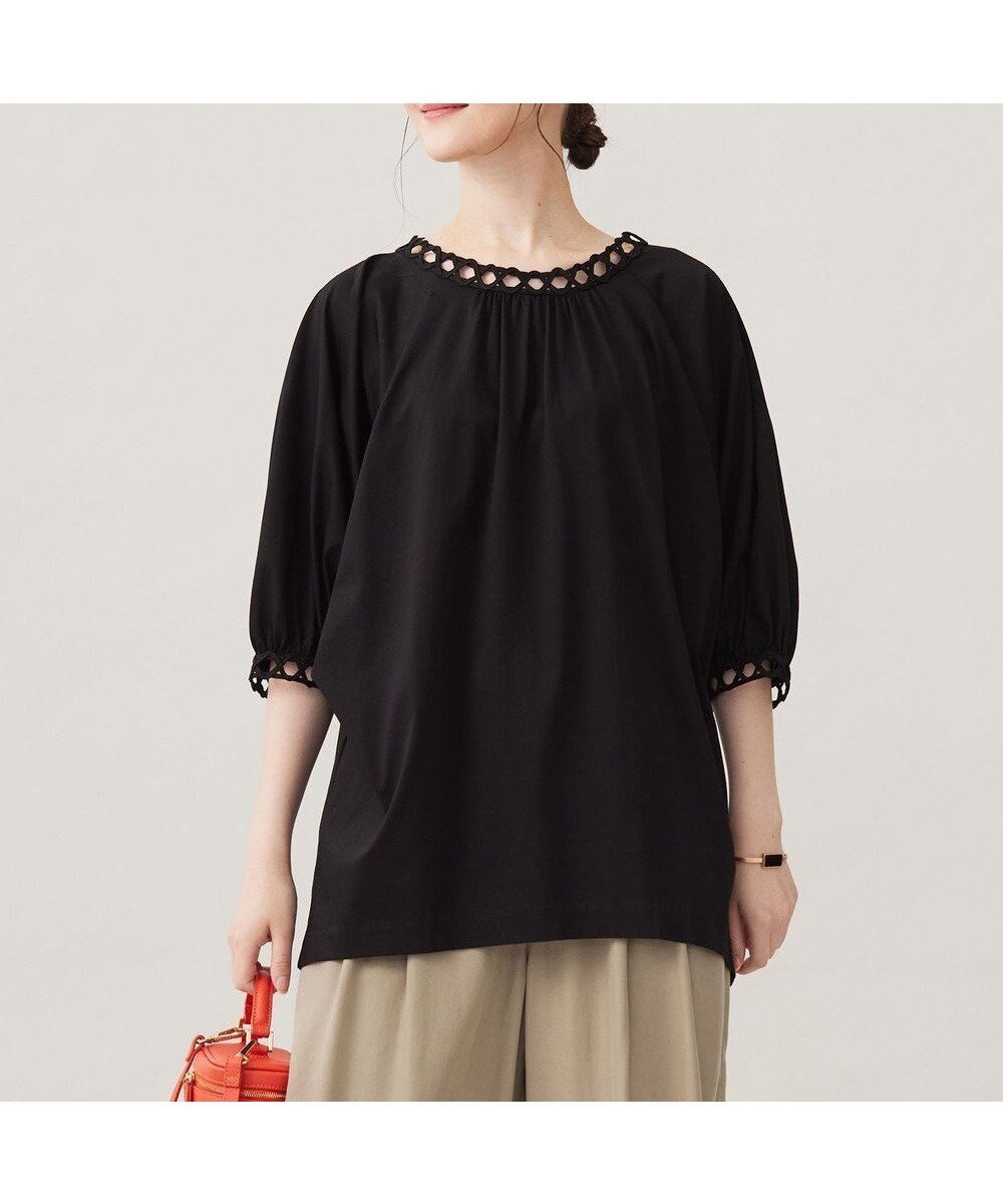 【自由区/JIYU-KU】の【洗える】コード刺繍 カットソー インテリア・キッズ・メンズ・レディースファッション・服の通販 founy(ファニー) 　ファッション　Fashion　レディースファッション　Fashion for Women　トップス・カットソー　Cut & Sew Tops　シャツ・ブラウス・オフィスカジュアル　Elegant Blouses & Button-Ups　ロングTシャツ・Tシャツ　Longline T-Shirts & Tees　カットソー・ベーシックTシャツ　Cut-and-Sewn Tops / Stretch Tees & Basics　カットソー　Cut and Sewn Top　コンパクト　Compact, Small Size　シルク　Silk, 100% Silk　タイトスカート　Pencil Skirt, Tight Skirt　バランス　Balance, Style Balance　夏　Summer　春　Spring　S/S・春夏　SS, Spring/Summer, Warm Season　洗える　Machine Washable　ブラック|ID: prp329100004853795 ipo3291000000035667488