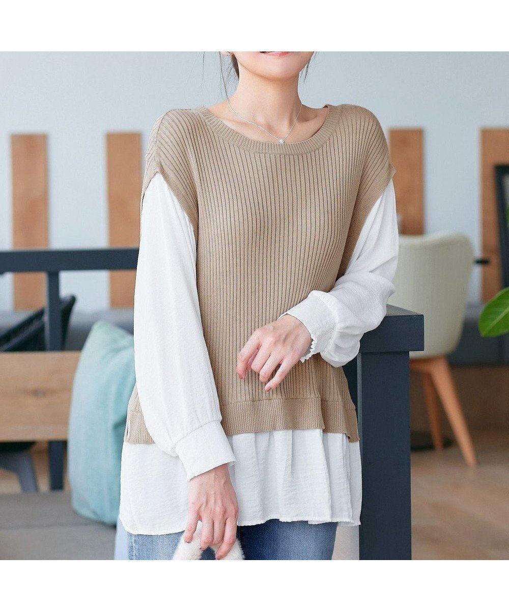 【ティアクラッセ/Tiaclasse】のベストドッキングトップス インテリア・キッズ・メンズ・レディースファッション・服の通販 founy(ファニー) 　ファッション　Fashion　レディースファッション　Fashion for Women　アウター　Coat / Outerwear Collection　トップス・カットソー　Cut & Sew Tops　ニット　Knit Tops & Sweaters　ベスト&ジレ / 重ね着スタイル　Vests & Gilets　アクセサリー　Fashion Accessories　ウォッシャブル　Machine Washable　春　Spring　洗える　Machine Washable　カーディガン　Cardigan, Knitwear　ギャザー　Gathered, Ruffled　シンプル　Simple, Minimal　スリーブ　Sleeve, Long Sleeve / Short Sleeve　セーター　Sweater, Knitwear　チュニック　Tunic, Long Top　ドッキング　Docking, Mixed Material　ベスト　Vest, Waistcoat　ラウンド　Round, Round Neck　A/W・秋冬　Autumn/Winter　再入荷　Restock / Back in Stock　夏　Summer　エレガント 上品　Elegant　新作・新入荷　New Arrivals / New In　ベージュ×オフホワイト|ID: prp329100004854016 ipo3291000000035673639