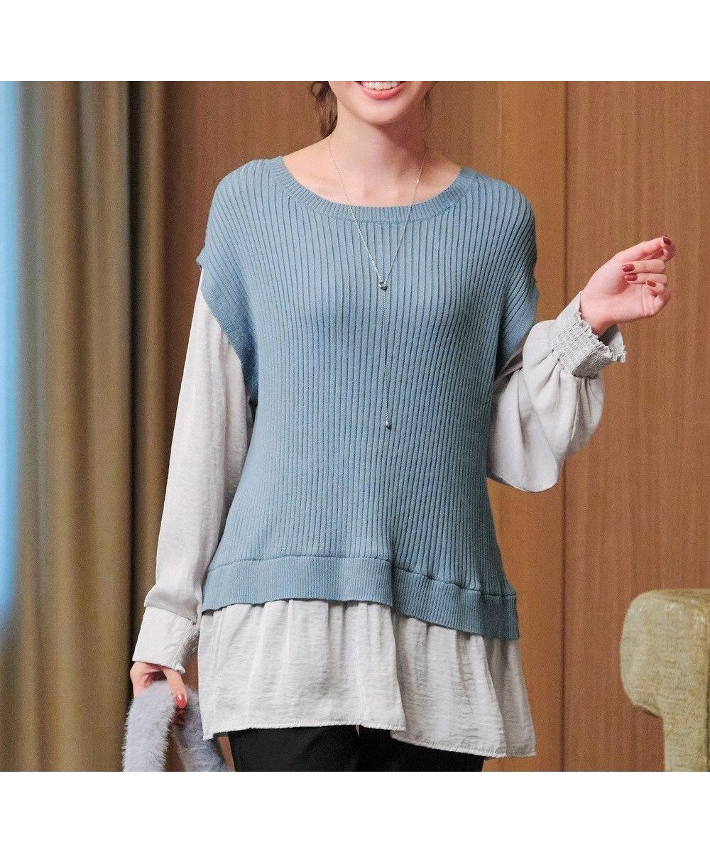 【ティアクラッセ/Tiaclasse】のベストドッキングトップス インテリア・キッズ・メンズ・レディースファッション・服の通販 founy(ファニー) 　ファッション　Fashion　レディースファッション　Fashion for Women　アウター　Coat / Outerwear Collection　トップス・カットソー　Cut & Sew Tops　ニット　Knit Tops & Sweaters　ベスト&ジレ / 重ね着スタイル　Vests & Gilets　アクセサリー　Fashion Accessories　ウォッシャブル　Machine Washable　春　Spring　洗える　Machine Washable　カーディガン　Cardigan, Knitwear　ギャザー　Gathered, Ruffled　シンプル　Simple, Minimal　スリーブ　Sleeve, Long Sleeve / Short Sleeve　セーター　Sweater, Knitwear　チュニック　Tunic, Long Top　ドッキング　Docking, Mixed Material　ベスト　Vest, Waistcoat　ラウンド　Round, Round Neck　A/W・秋冬　Autumn/Winter　再入荷　Restock / Back in Stock　夏　Summer　エレガント 上品　Elegant　新作・新入荷　New Arrivals / New In　ブルー×グレー|ID: prp329100004854016 ipo3291000000035673641