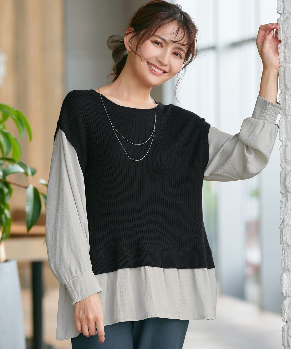 【ティアクラッセ/Tiaclasse】のベストドッキングトップス インテリア・キッズ・メンズ・レディースファッション・服の通販 founy(ファニー) 　ファッション　Fashion　レディースファッション　Fashion for Women　アウター　Coat / Outerwear Collection　トップス・カットソー　Cut & Sew Tops　ニット　Knit Tops & Sweaters　ベスト&ジレ / 重ね着スタイル　Vests & Gilets　アクセサリー　Fashion Accessories　ウォッシャブル　Machine Washable　春　Spring　洗える　Machine Washable　カーディガン　Cardigan, Knitwear　ギャザー　Gathered, Ruffled　シンプル　Simple, Minimal　スリーブ　Sleeve, Long Sleeve / Short Sleeve　セーター　Sweater, Knitwear　チュニック　Tunic, Long Top　ドッキング　Docking, Mixed Material　ベスト　Vest, Waistcoat　ラウンド　Round, Round Neck　A/W・秋冬　Autumn/Winter　再入荷　Restock / Back in Stock　夏　Summer　エレガント 上品　Elegant　新作・新入荷　New Arrivals / New In　ブラック×グレー|ID: prp329100004854016 ipo3291000000035673646