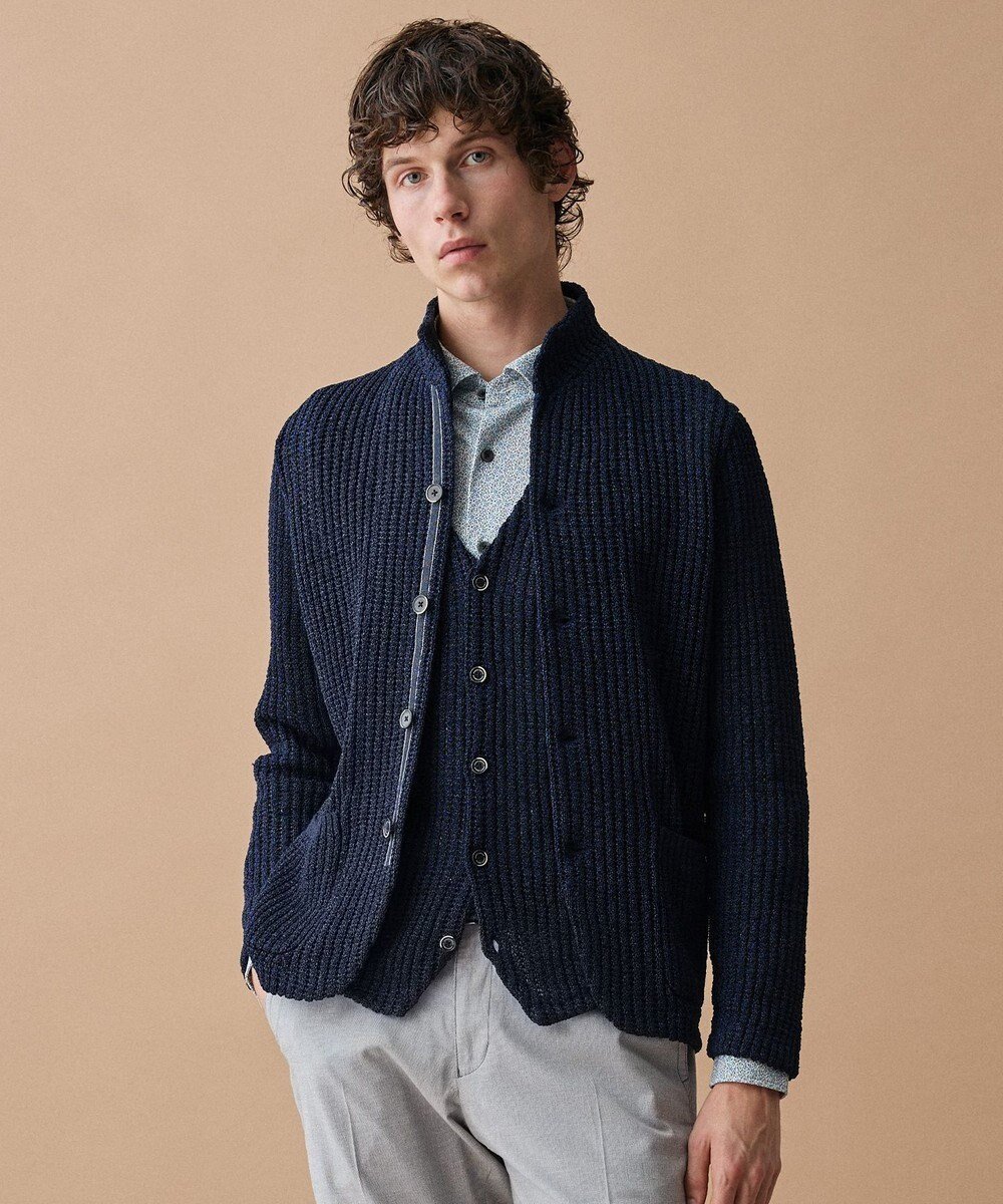 【ジョセフ アブード/JOSEPH ABBOUD / MEN】の【エコ素材和紙使用・日本素材】和紙杢メッシュクルーネック ニットジャケット インテリア・キッズ・メンズ・レディースファッション・服の通販 founy(ファニー) 　ファッション　Fashion　メンズファッション　Fashion for Men　アウター　Men's Coats Outerwear　ブルゾンジャケット / カジュアルアウター　Bomber Jackets & Blousons　春　Spring　ジャケット　Jacket, Outerwear　スタンド　Stand Collar, Upright Stand　ブルゾン　Blouson, Bomber Jacket　S/S・春夏　SS, Spring/Summer, Warm Season　おすすめ　Recommended / Our Picks　夏　Summer　ネイビー系|ID: prp329100004855159 ipo3291000000035767169