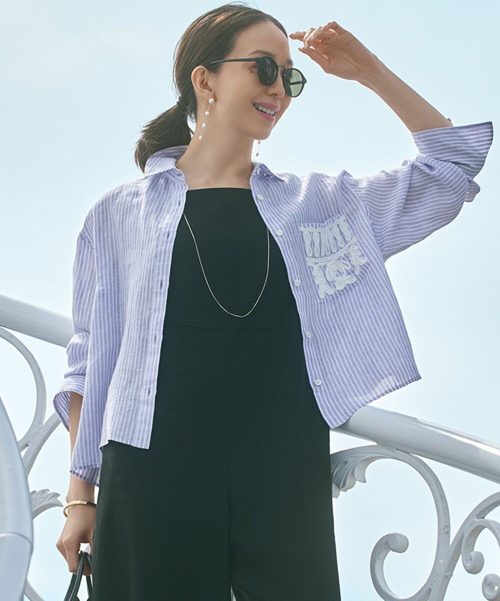 【23区/NIJYUSANKU】の【洗える】LIBECO クロップド シャツ インテリア・キッズ・メンズ・レディースファッション・服の通販 founy(ファニー) 　ファッション　Fashion　レディースファッション　Fashion for Women　トップス・カットソー　Cut & Sew Tops　シャツ・ブラウス・オフィスカジュアル　Elegant Blouses & Button-Ups　春　Spring　洗える　Machine Washable　カフス　Cuff Design　クロップド　Cropped, Short Length　シンプル　Simple, Minimal　ストライプ　Stripe, Striped Pattern　スリーブ　Sleeve, Long Sleeve / Short Sleeve　バランス　Balance, Style Balance　ベーシック　Basic, Essential　ポケット　Pocket, Pocket Detail　無地　Plain, Solid Color　ラベンダー　Lavender　リネン　Linen, Linen Fabric　S/S・春夏　SS, Spring/Summer, Warm Season　夏　Summer　2025年　2025　2025春夏・S/S　Spring/Summer 2025 SS25　ラベンダーストライプ|ID: prp329100004855201 ipo3291000000035769647