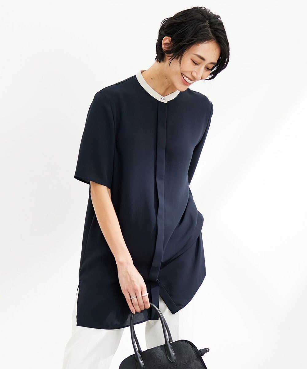 【アイシービー/iCB】の【接触冷感・UVケア・速乾・洗える】BackSatinAmunzen バンドカラーチュニックブラウス インテリア・キッズ・メンズ・レディースファッション・服の通販 founy(ファニー) 　ファッション　Fashion　レディースファッション　Fashion for Women　トップス・カットソー　Cut & Sew Tops　シャツ・ブラウス・オフィスカジュアル　Elegant Blouses & Button-Ups　インナー　Innerwear　春　Spring　洗える　Machine Washable　サテン　Satin, Glossy Fabric　スリット　Slit, Slit Detail　チュニック　Tunic, Long Top　人気　Popular, Best Seller　ワーク　Workwear, Utility Style　S/S・春夏　SS, Spring/Summer, Warm Season　夏　Summer　2024年　2024　2024春夏・S/S　Spring/Summer 2024 SS24　ネイビー系|ID: prp329100004855228 ipo3291000000035770857