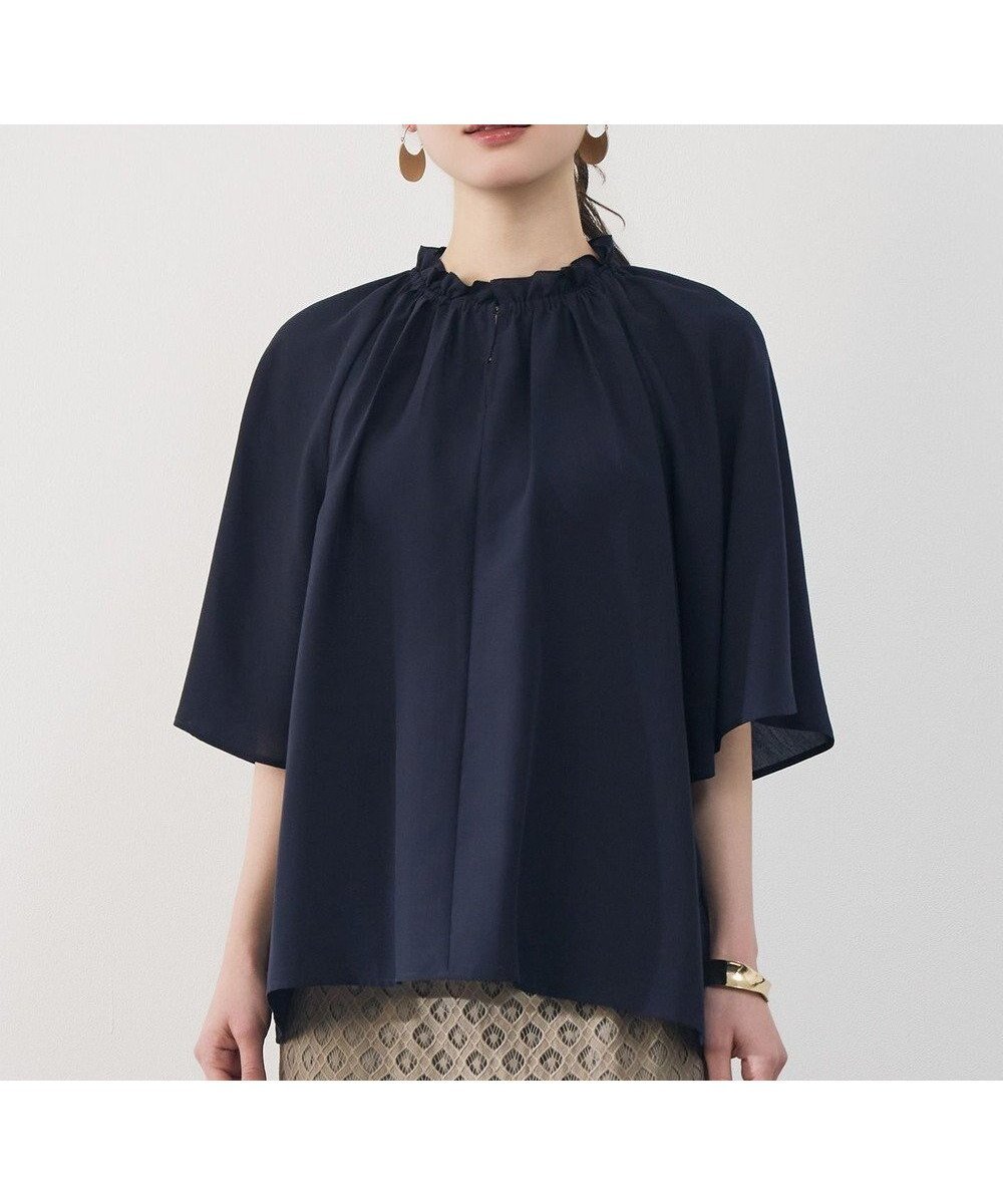 【自由区/JIYU-KU】のリヨセルポプリンフリル ブラウス インテリア・キッズ・メンズ・レディースファッション・服の通販 founy(ファニー) 　ファッション　Fashion　レディースファッション　Fashion for Women　トップス・カットソー　Cut & Sew Tops　シャツ・ブラウス・オフィスカジュアル　Elegant Blouses & Button-Ups　シンプル　Simple, Minimal　スリーブ　Sleeve, Long Sleeve / Short Sleeve　ドレープ　Drape, Draping Fabric　フェミニン　Feminine, Girly　フリル　Frill, Ruffle　フレア　Flare, Flared　ボトム　Bottoms, Lower Wear　夏　Summer　抗菌　Antibacterial, Bacteria-Resistant　春　Spring　S/S・春夏　SS, Spring/Summer, Warm Season　ネイビー|ID: prp329100004855331 ipo3291000000035774830