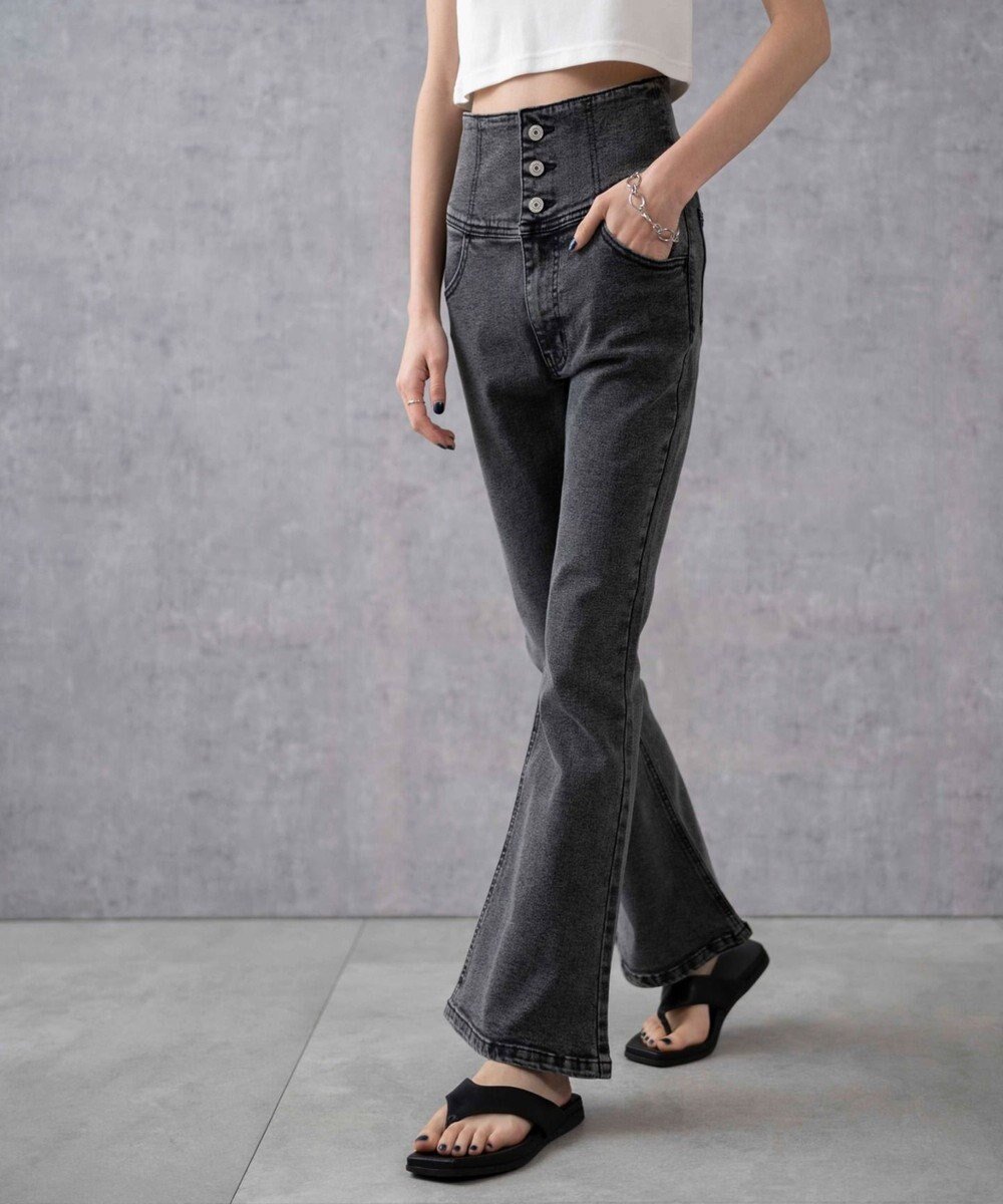 【ウィゴー/WEGO】のハイウエストストレッチフレアデニムパンツ インテリア・キッズ・メンズ・レディースファッション・服の通販 founy(ファニー) 　ファッション　Fashion　レディースファッション　Fashion for Women　パンツ　Pants & Trousers　デニムパンツ・ジーンズ・美脚デニム　Denim Jeans & Pants　春　Spring　ショート　Short, Short Length　ストレッチ　Stretch, Stretchy Fabric　スニーカー　Sneakers, Trainers　スマホ　Smartphone, Mobile Device　デニム　Denim, Jeans Material　バランス　Balance, Style Balance　パターン　Pattern, Design Print　フレア　Flare, Flared　ボトム　Bottoms, Lower Wear　S/S・春夏　SS, Spring/Summer, Warm Season　おすすめ　Recommended / Our Picks　夏　Summer　ブラックその他|ID: prp329100004857673 ipo3291000000035870659