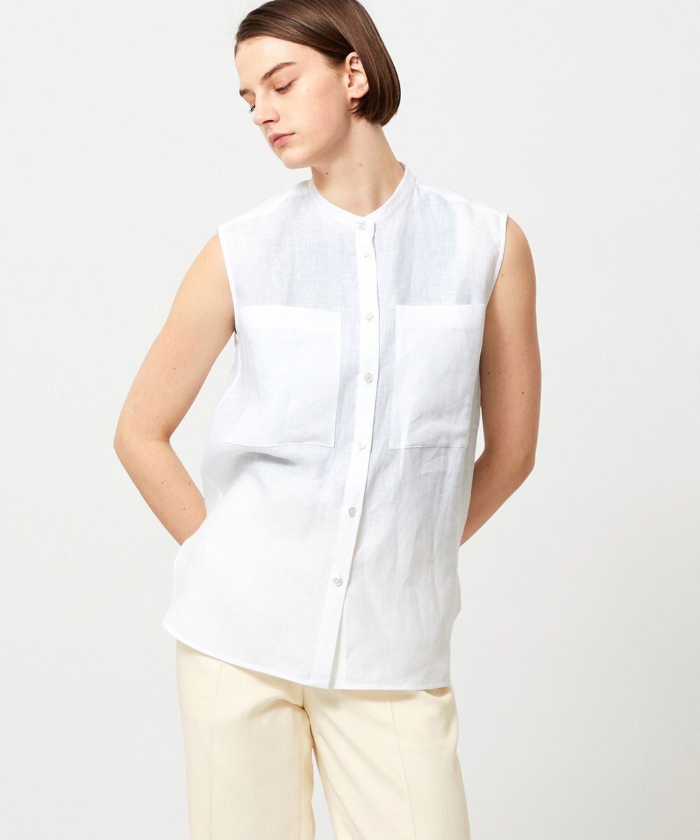 【ベイジ,/BEIGE,】のBASILE / バンドカラーシャツ インテリア・キッズ・メンズ・レディースファッション・服の通販 founy(ファニー) 　ファッション　Fashion　レディースファッション　Fashion for Women　トップス・カットソー　Cut & Sew Tops　シャツ・ブラウス・オフィスカジュアル　Elegant Blouses & Button-Ups　シンプル　Simple, Minimal　スタイリッシュ　Stylish, Fashionable　ノースリーブ　Sleeveless, No-Sleeve　ボトム　Bottoms, Lower Wear　ポケット　Pocket, Pocket Detail　リネン　Linen, Linen Fabric　夏　Summer　春　Spring　S/S・春夏　SS, Spring/Summer, Warm Season　洗える　Machine Washable　ビジネス 仕事 通勤　Business / Work / Commuting　White|ID: prp329100004858525 ipo3291000000035911503